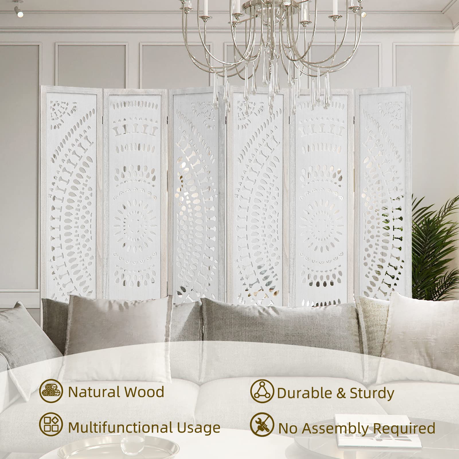 Babion 6 Panel Wooden Room Divider - 5.6 Ft Tall Folding Privacy Screen with Carved Design, White Home Office Partition for Bedroom, Living Room & Workspace (No Assembly Required, Double Hinged)