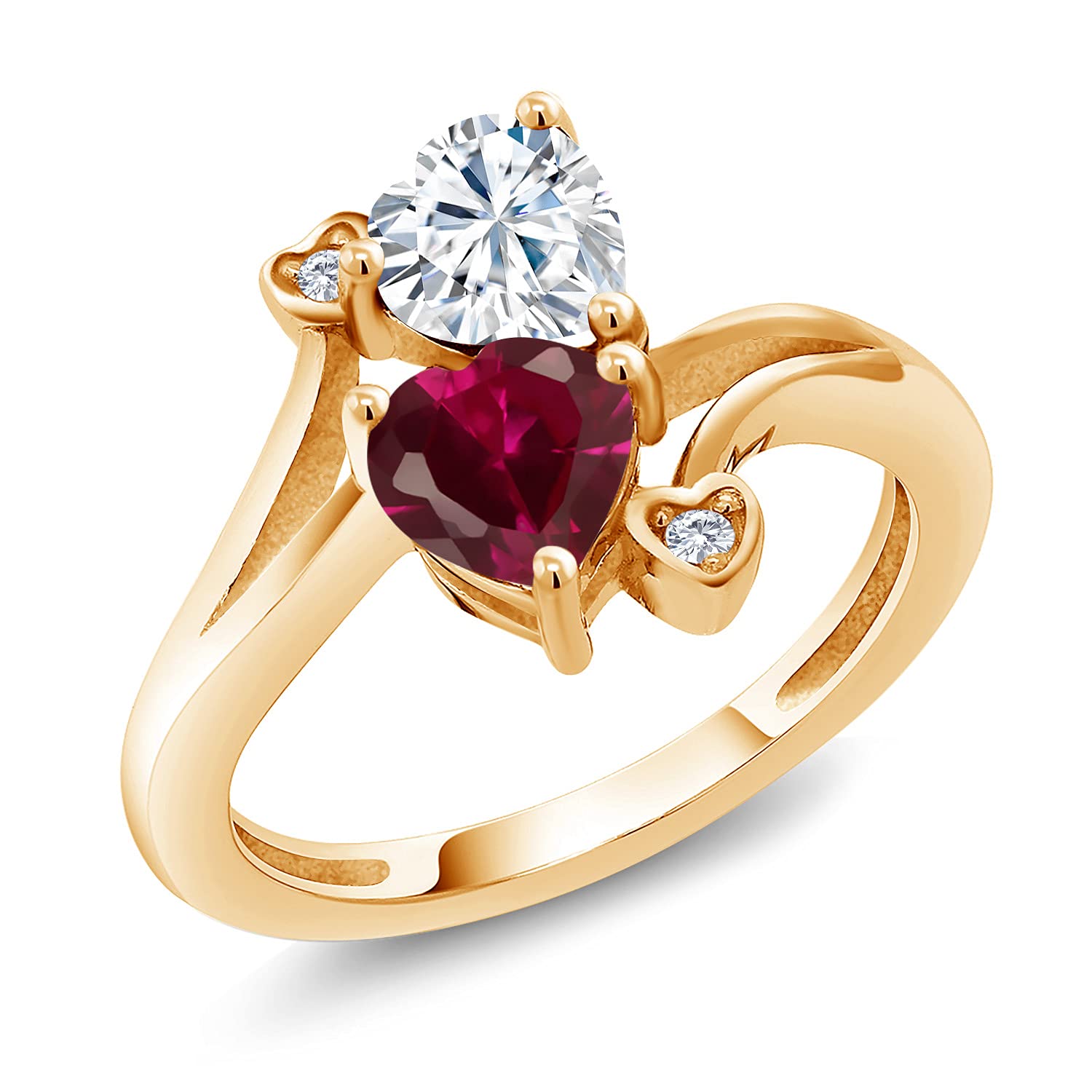18K Yellow Gold Plated Silver Red Created Ruby & Moissanite Ring Set (1.79 Cttw) - Elegant Jewelry Gift for Women, Perfect for Weddings, Anniversaries & Special Occasions
