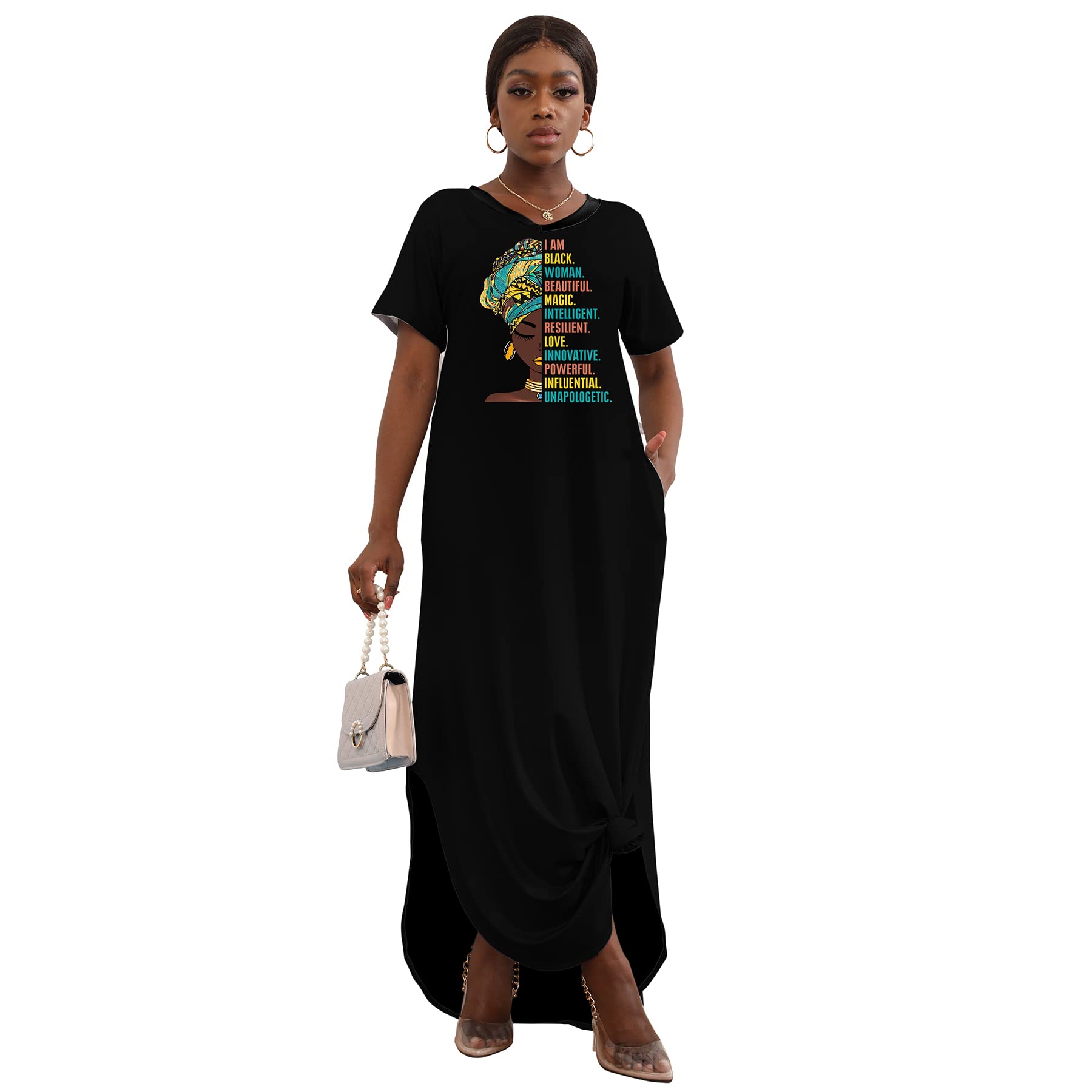 FZNHQL Black Women's Short Sleeve V-Neck Maxi Dress - African Melanin Girl Print Floral Long Dress for Casual Wear | Perfect for Summer Outings, Beach Vacations & Cultural Events
