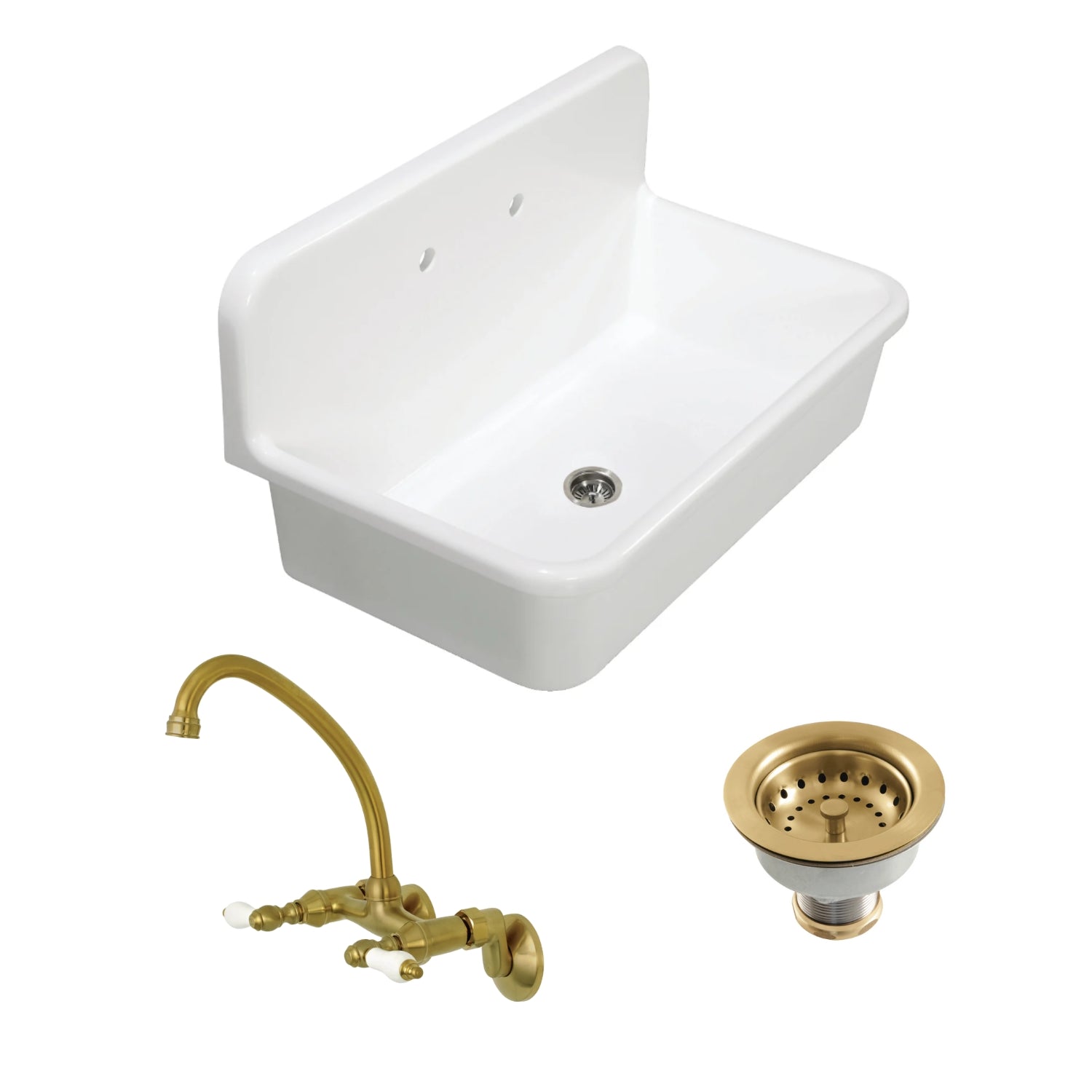 Arcticstone 36 Inch White Top Mount Single Bowl Kitchen Sink with Brushed Brass Wall Mount Bridge Faucet & Basket Strainer - Perfect for Modern Farmhouse & Contemporary Kitchen Designs