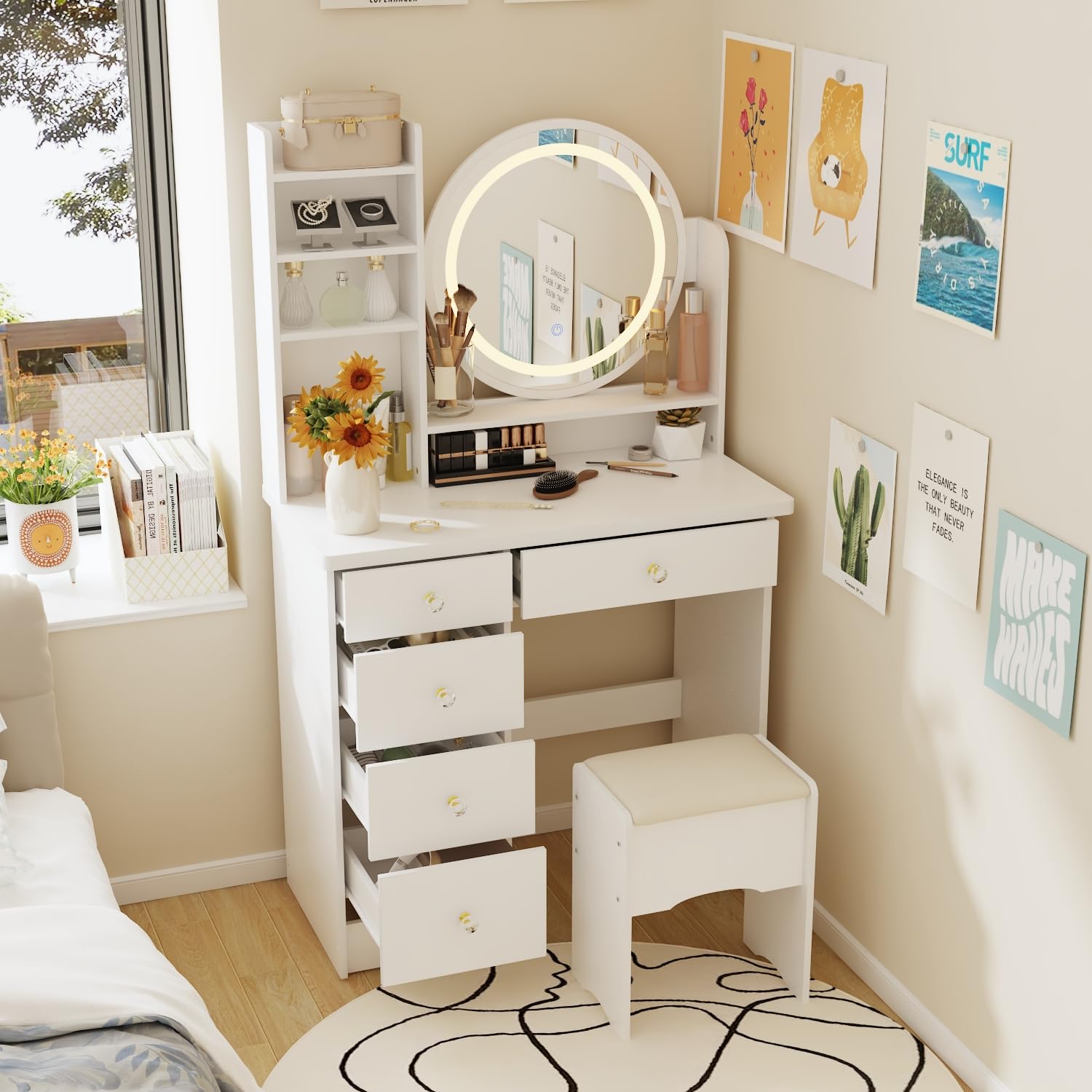 Hitow White Vanity Desk Set with LED Lighted Mirror, 5 Drawers & Shelf - Makeup Dressing Table with Touch Screen Lights & Jewelry Organizer for Bedroom, Home Decor & Beauty Routine