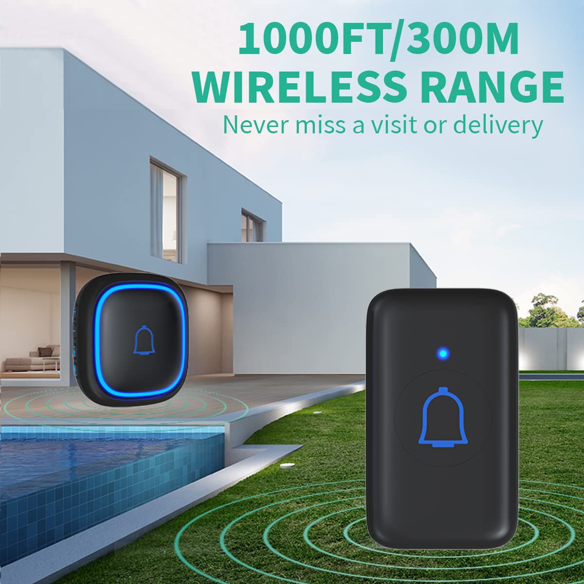 Wireless Doorbell with IP66 Waterproof Rating, 115dB Loud Volume, 56 Chime Tones, 1000ft Range & 7 Volume Levels - Ideal for Home, Office, and Outdoor Security Use