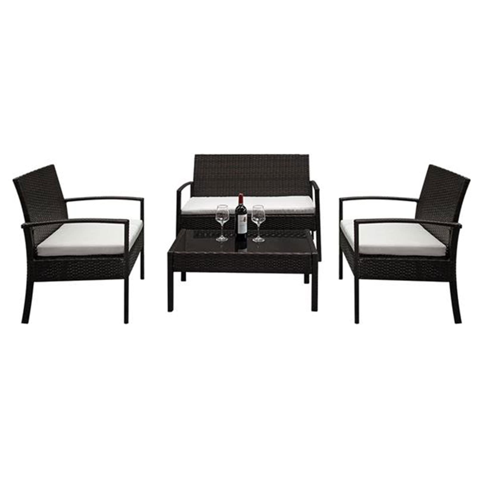 4-Piece Patio Furniture Set - Outdoor Rattan Chairs with Glass Table & White Cushions - Wicker Conversation Set for Porch, Backyard, Garden - Perfect for Outdoor Entertaining & Relaxation
