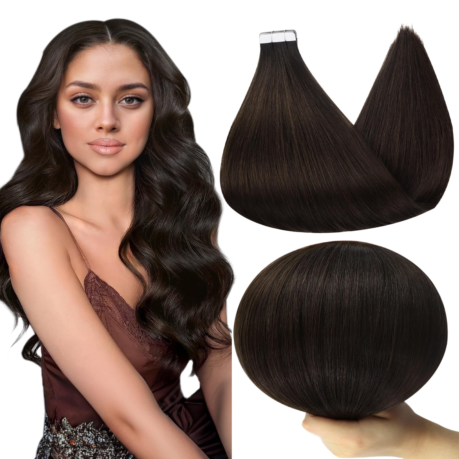 Full Shine 100% Real Human Hair Extensions - 40 Pcs Double Sided Tape-in 14 Inch Natural Straight Darkest Brown Seamless Weft Hair Extensions (100g) for Daily Styling, Volume Boost & Special Occasions