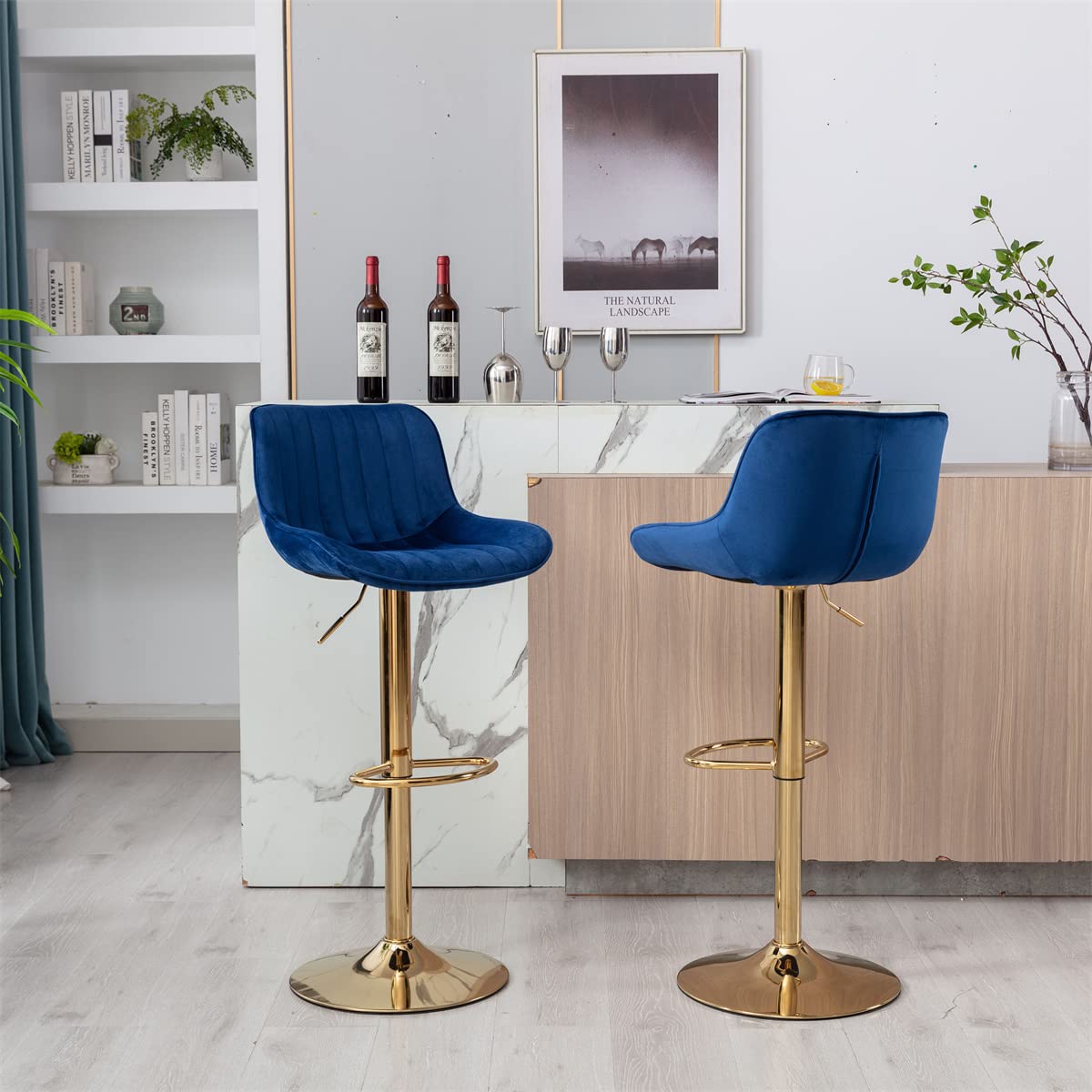 TRIPLE TREE Velvet Bar Stools Set of 2 - Adjustable Counter Height Bar Chairs with Backrest & Footrest, Gold Metal Base Swivel Stools for Kitchen Island, Dining Room & Home Bar - Navy Blue Velvet Upholstery | Perfect for Entertaining, Breakfast Nooks & Modern Home Decor