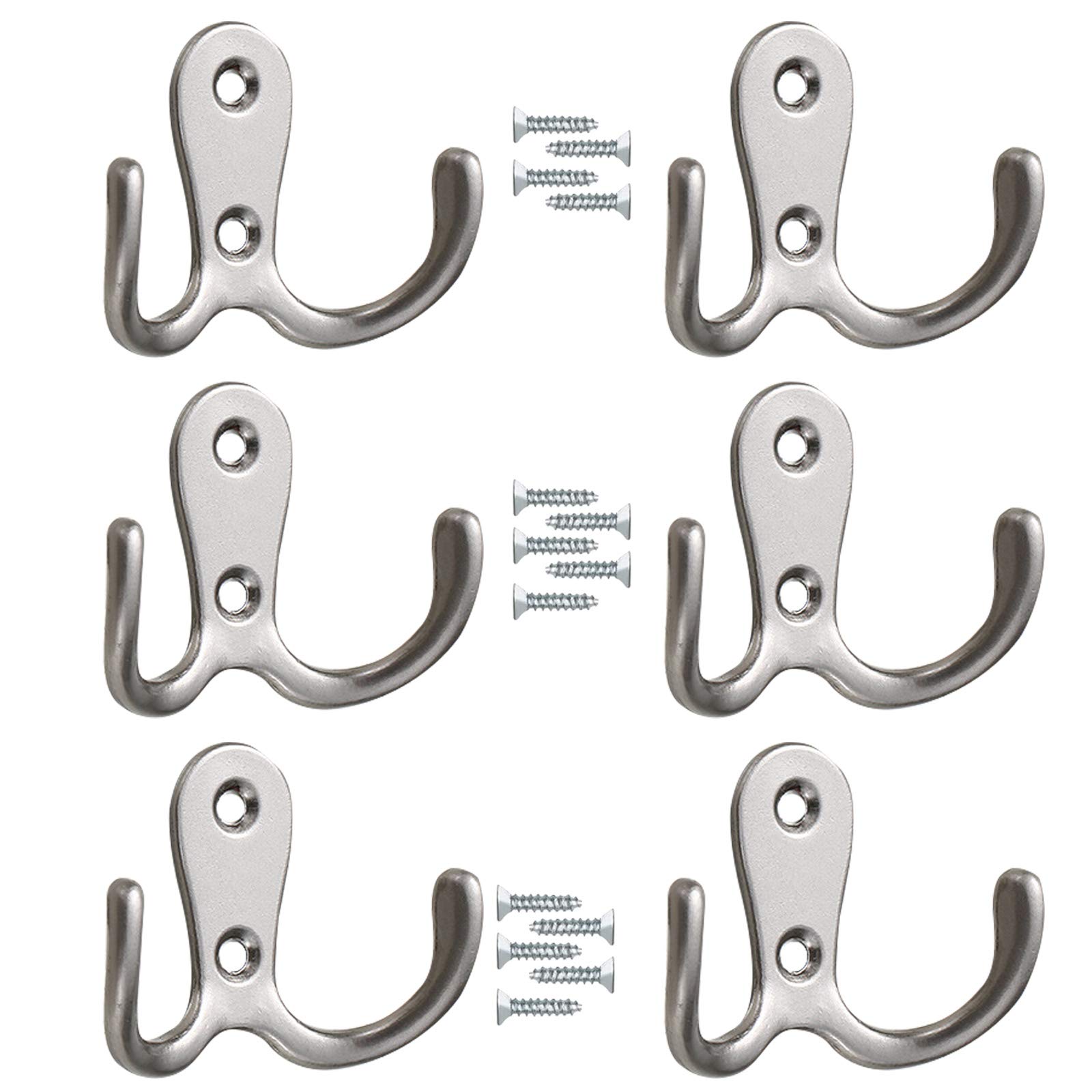 6 PCS Vintage Double Door Hooks - Antique Wall Mounted Coat Hooks with Double Prong for Hanging Clothes, Hats & Robes - Decorative Screw-In Hooks for Kitchen, Bedroom, Bathroom - Includes Mounting Screws - Perfect for Organizing Entryways, Closets & Mudrooms