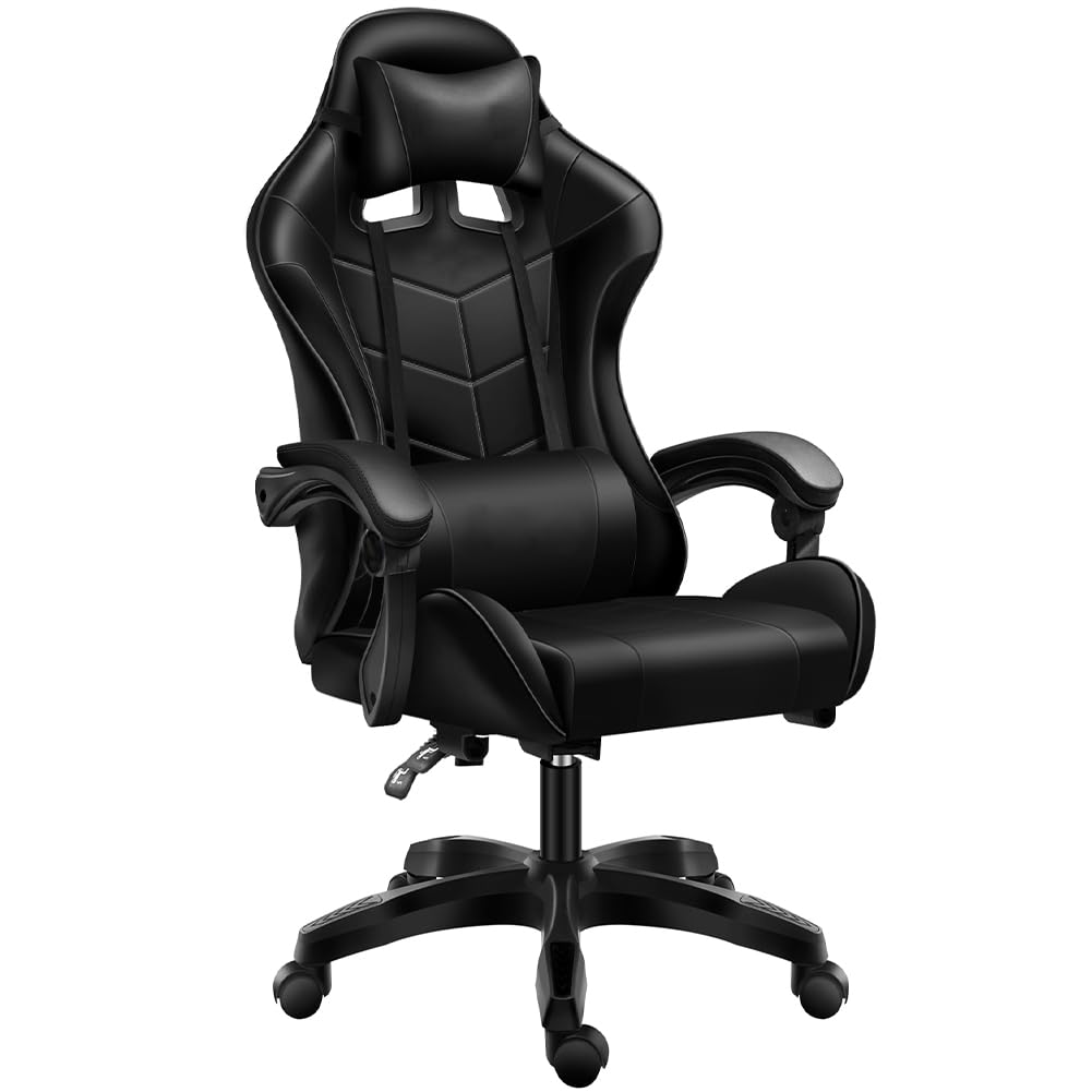 BAKAJI Ergonomic Gaming Chair - Faux Leather Office Chair with Adjustable Lumbar Support, 360° Swivel & Reclining Backrest - Height Adjustable with 5-Wheel Base (Black) - Perfect for Esports, Home Office & Computer Workstations