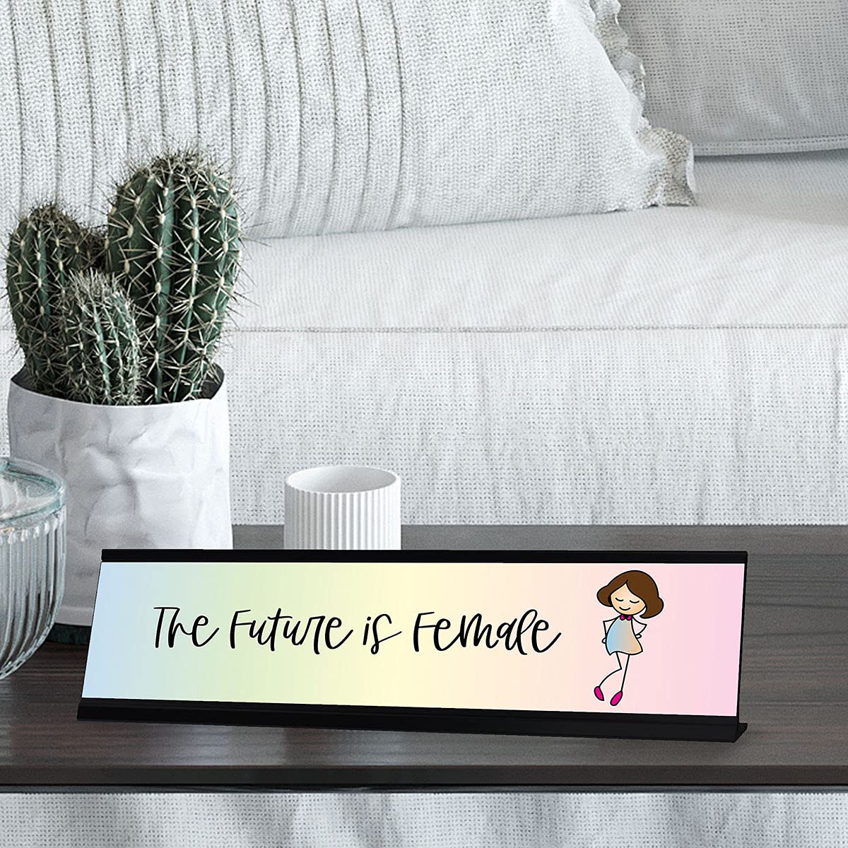 Empowering The Future is Female Stick Figure Desk Sign - 2 x 8 Inch Motivational Office Name Plate for Women - Perfect for Office Desk, Workstation & Home Office Decor