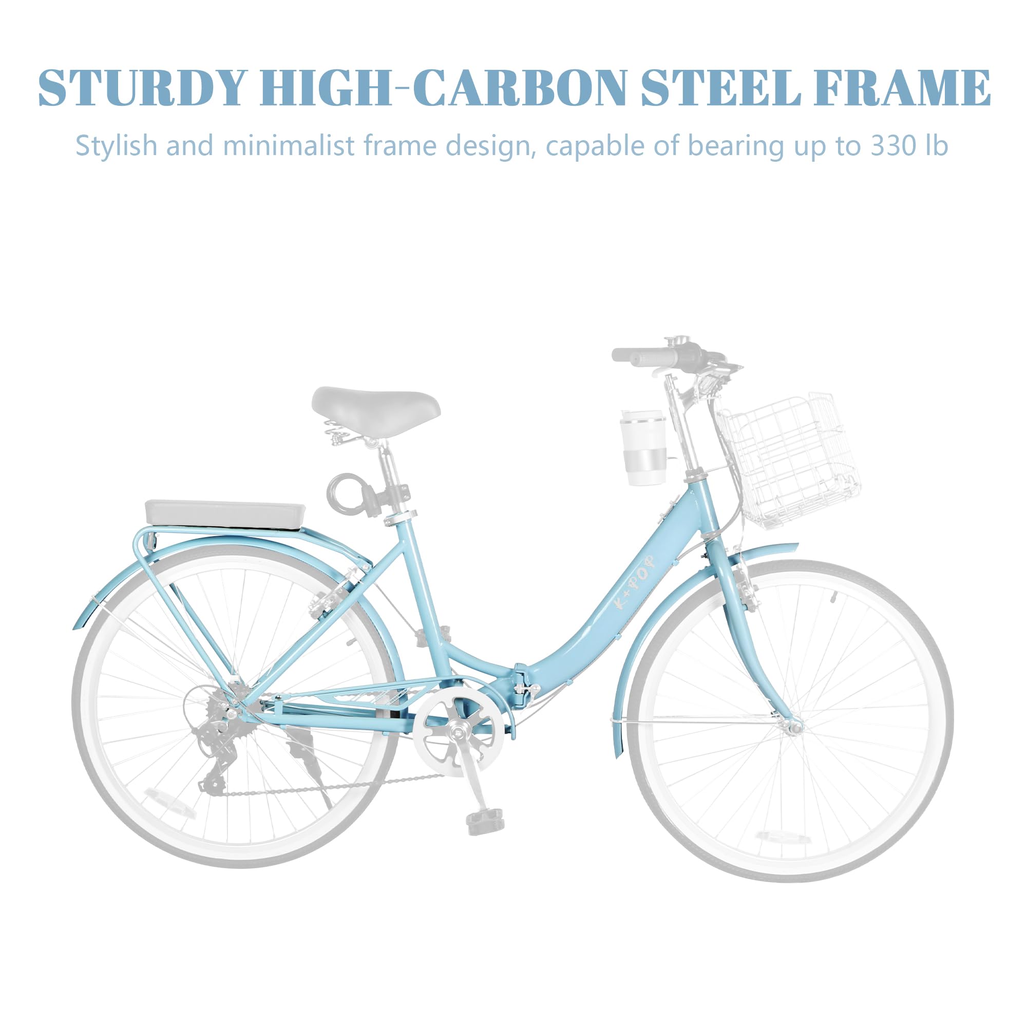 26 Inch Women's Beach Cruiser Bike - 7-Speed Folding Bicycle with Basket & Cup Holder, Steel Frame Commuter Bike for Adults with Dual V-Brakes - Perfect for Beach Rides, City Commuting & Leisure Cycling