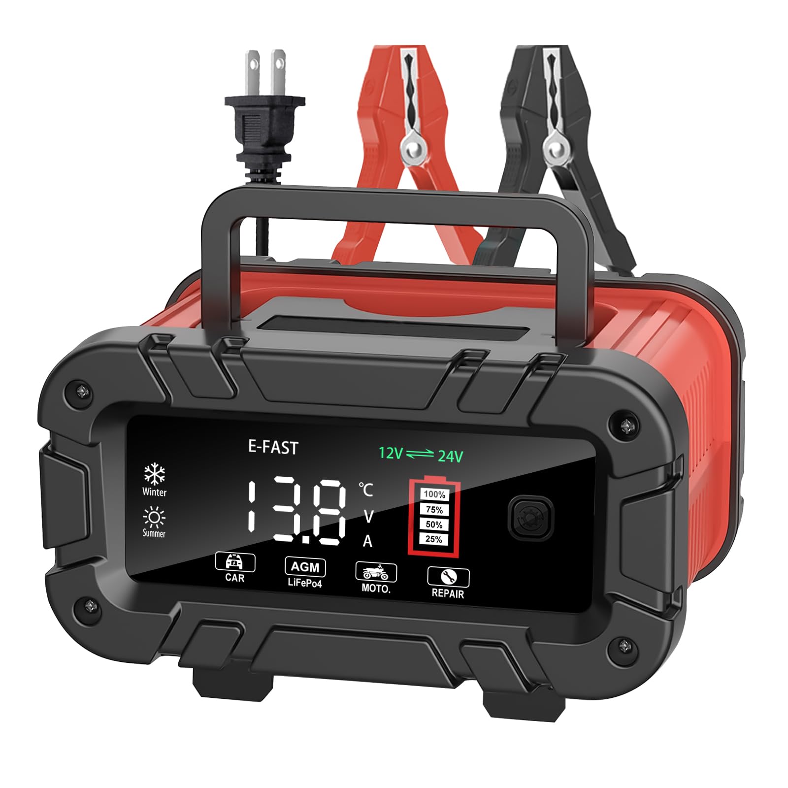 E-FAST 10A Smart Battery Charger for 12V 24V LiFePO4 & Lead Acid - Portable Car Battery Charger with LCD Display, Auto Temperature Compensation - Ideal for Automotive, RV, Boat, Motorcycle & Power Equipment Maintenance