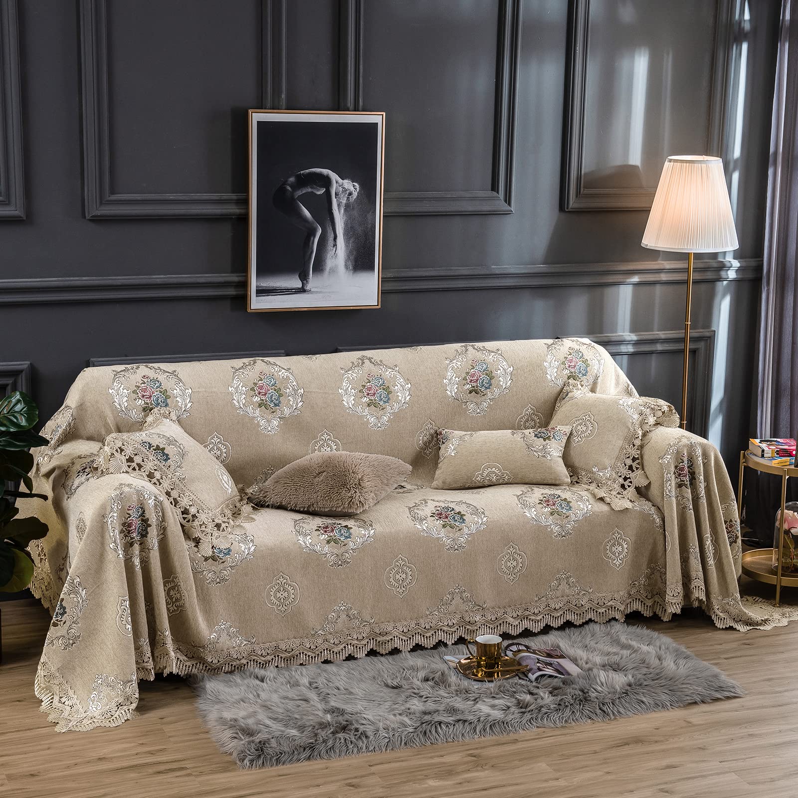 **Dreamingo Chenille Jacquard Sofa Blanket Cover - Soft Microfiber Weave Couch Protector for Pets, Dogs & Kids - Luxury Paisley Floral European Style Slipcover - Large, Tan - Perfect for Living Room, Bedroom & Cozy Home Decor**