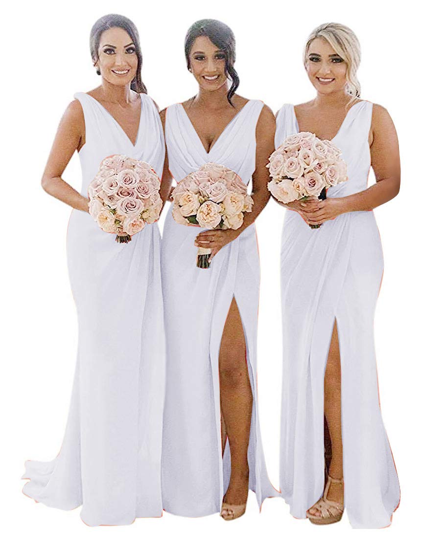 Elegant V-Neck Chiffon Bridesmaid Dress with High Slit - White Formal Evening Gown for Weddings, Prom & Special Occasions - Size 16 | Perfect for Bridal Party, Cocktail Events & Black Tie Galas