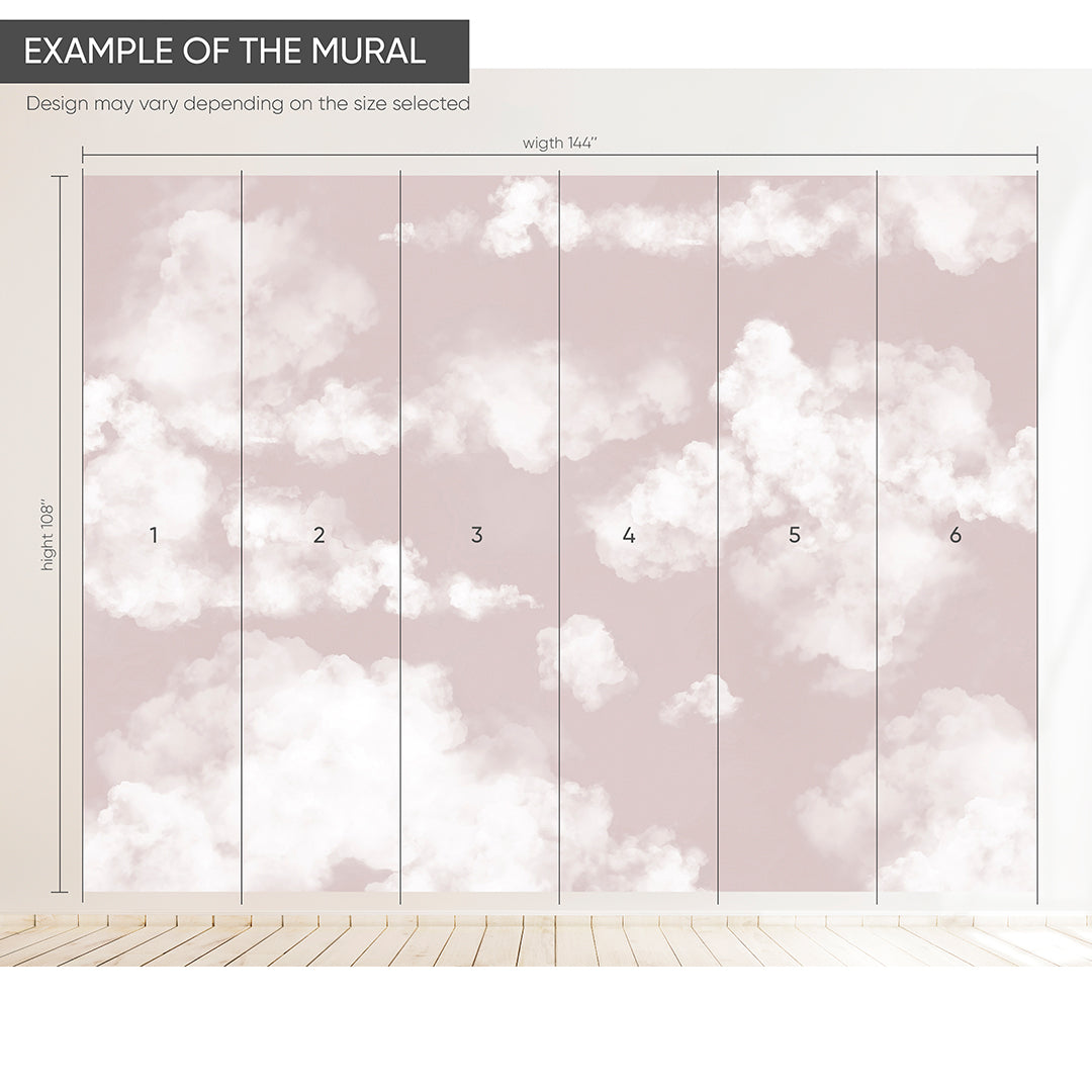 Pastel Pink Sky & Clouds Wall Mural AM022 - Dreamy Nursery Decor, Kids Room Wallpaper, Bedroom Accent Wall