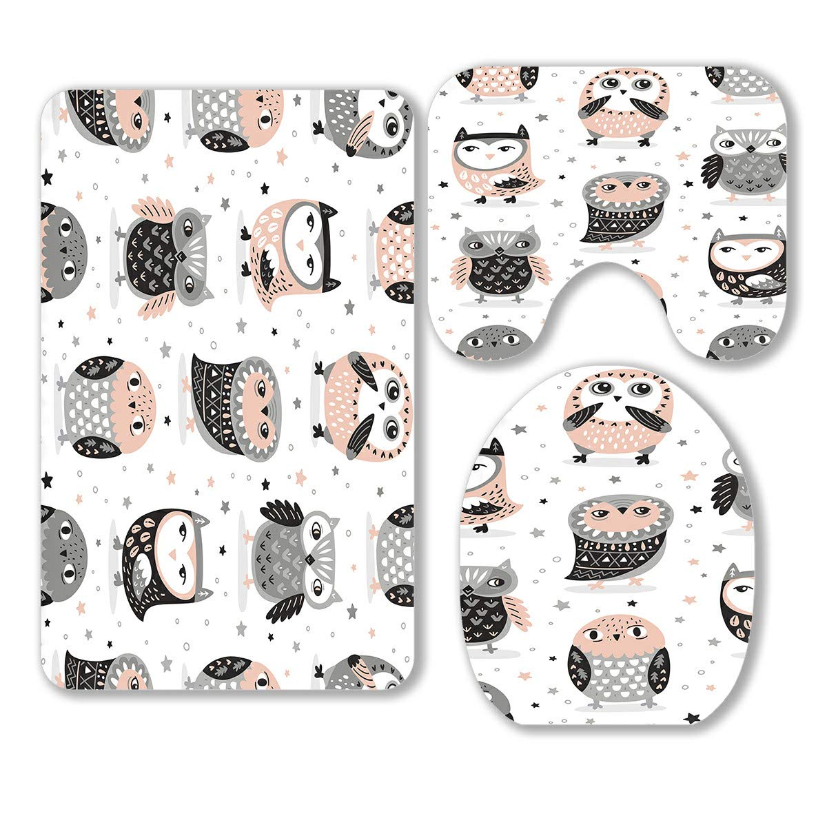 ECZJNT 3-Piece Bathroom Rugs Set - Soft Non-Slip Owl Star Design in Pink & Grey | Includes Contour Mat & Toilet Lid Cover | Perfect for Kids' Bathroom, Nursery Decor & Cozy Home