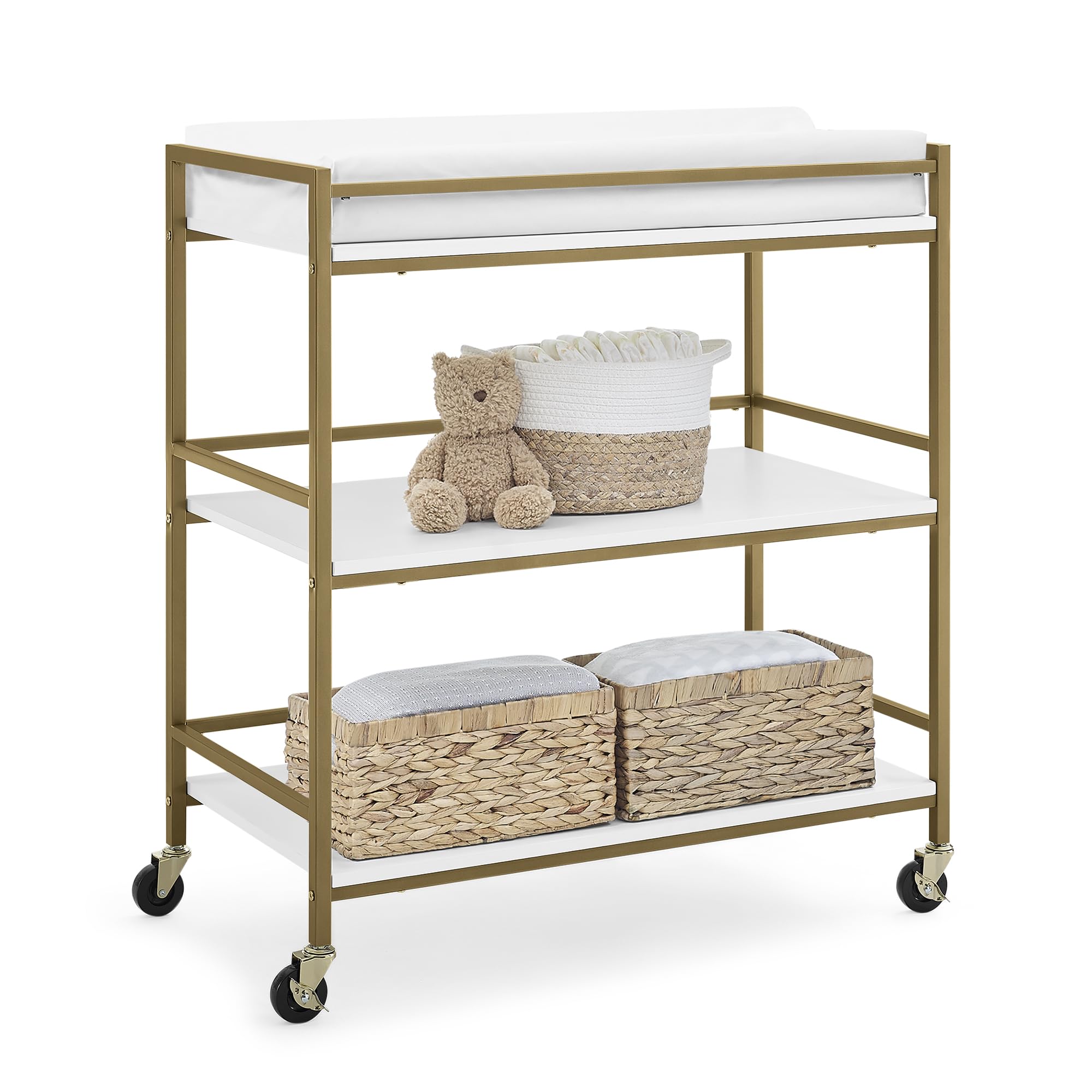 Delta Children Jade Changing Table & Cart - White Melamine with Bronze Accents | Nursery Organization & Baby Care Essentials for New Parents