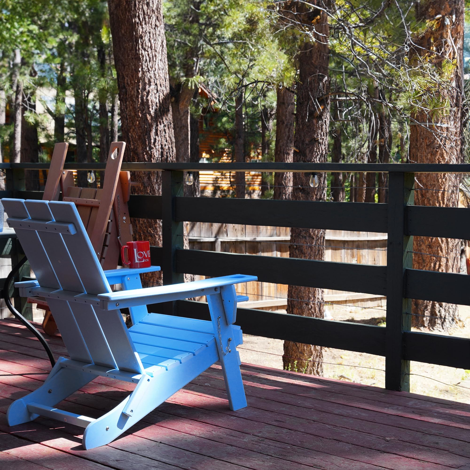 ResinTeak Folding Adirondack Chair with Cup Holder - Extra Wide Comfort Seat, Outdoor Patio Furniture for Backyard, Deck, Poolside & Fire Pit - Newport Collection (Blue) - Perfect for Relaxing, Sunbathing & Outdoor Gatherings