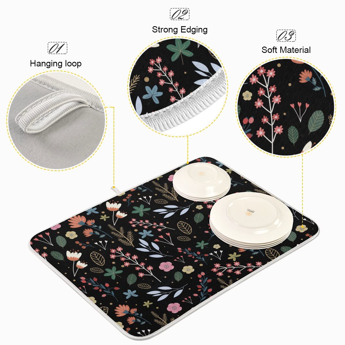 Absorbent Microfiber Dish Drying Mat - Black Floral 18x24in for Kitchen Countertop | Fast-Dry Reversible Pad