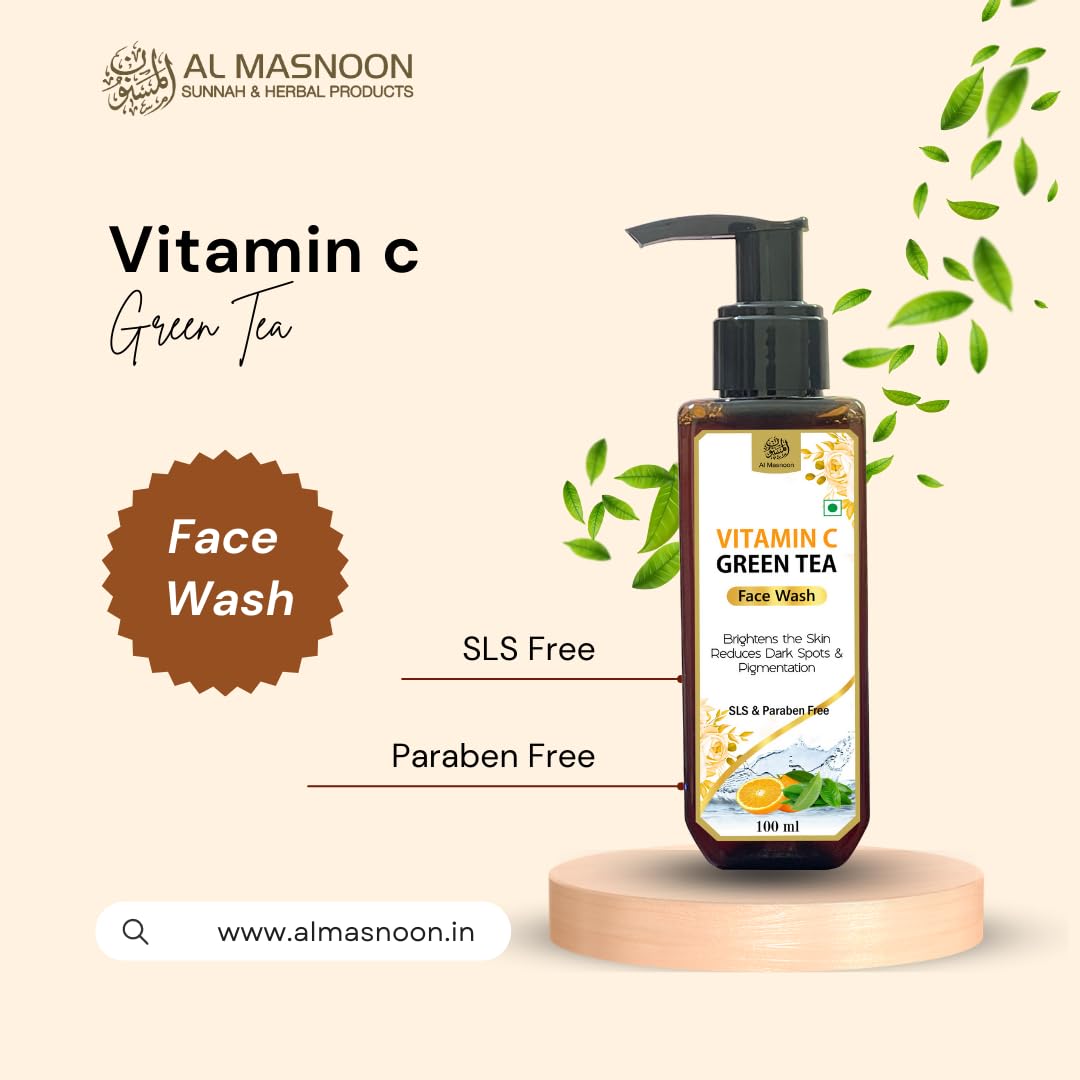 AL MASNOON Vitamin C & Green Tea Face Wash - Brightening Cleanser for Glowing Skin, SLS & Paraben Free, 100ml (Pack of 1) | Perfect for Morning & Night Skincare Routine