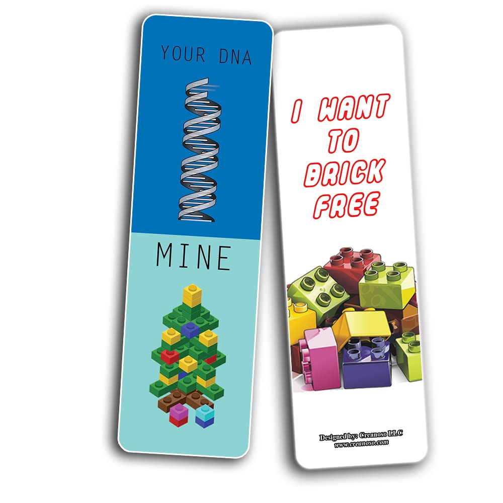 Creanoso Funny Lego Bookmarks (10 Sets x 6 Cards) - Inspirational Bookmark Cards for Kids & Teens - Creative Book Page Clippers - Perfect Gift for Lego Lovers & Bookworms - Great for Reading, School & Birthday Gifts