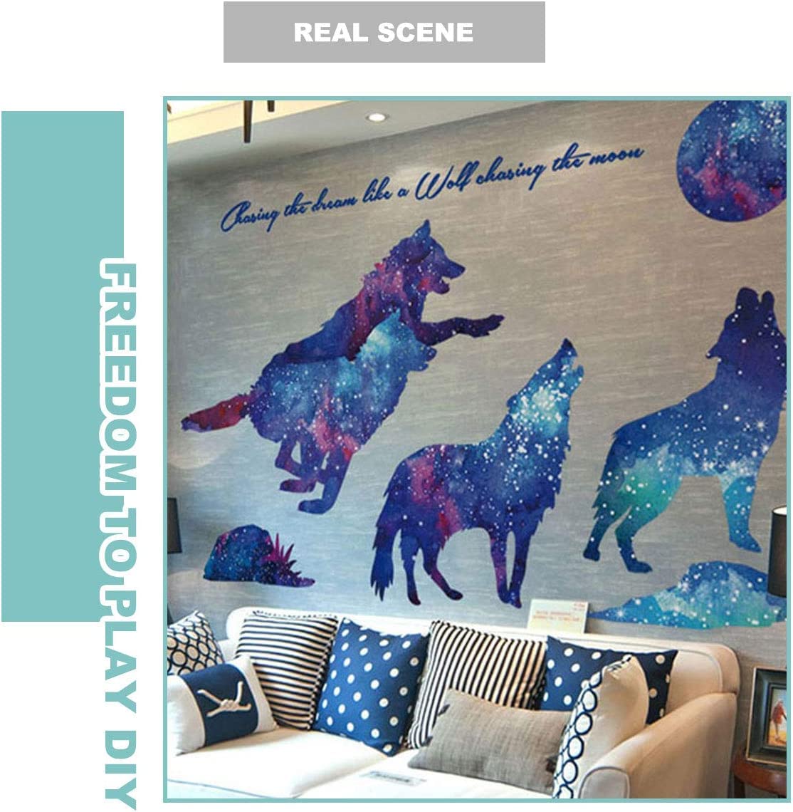 Galaxy Wolf Wall Decal & Glow Moon Star Stickers - Space Themed Room Decor for Teens & Kids Bedrooms | Perfect for Nursery, Dorm & Living Room Wall Art