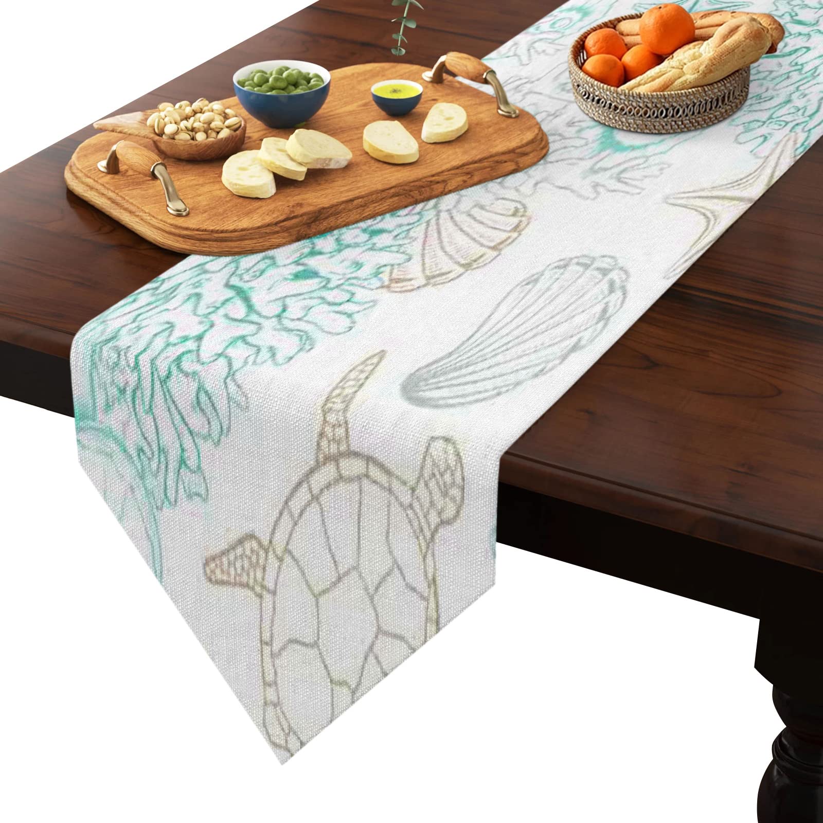 Chucoco Summer Ocean Sea Turtle Table Runner - Seaweed Shell Linen Burlap Table Scarf for Kitchen Dining Room Decor | Durable Washable Indoor Outdoor Dresser Cover | Perfect for Beach Themed Parties, Coastal Home Decor & Underwater Life Tables