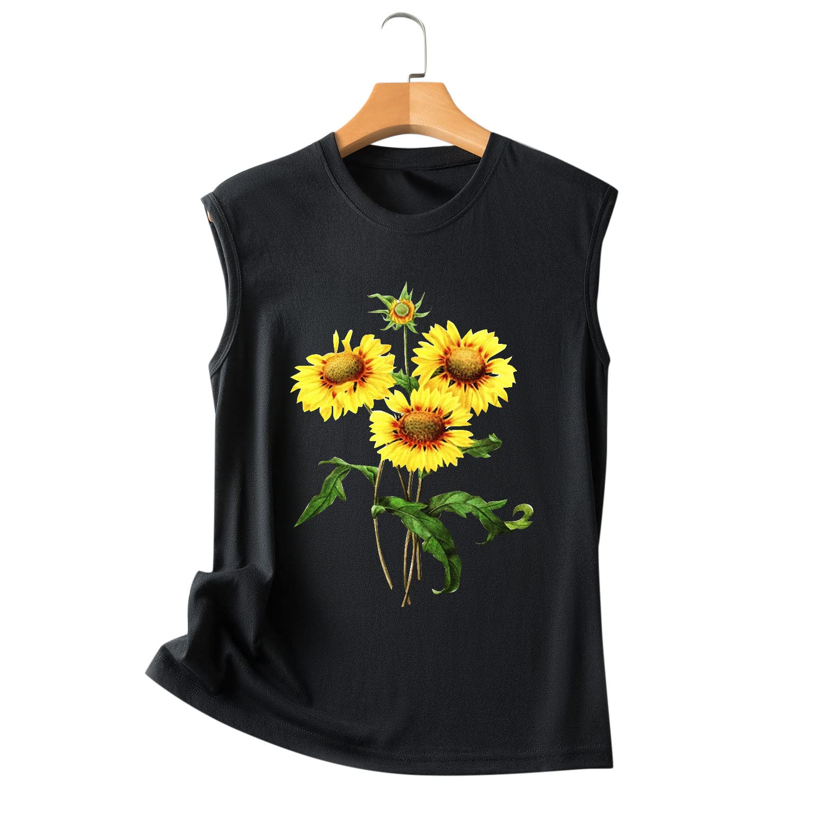 Women's Casual Sunflower Printed Sleeveless Tunic Top - Round Neck Tank Shirt, Aqua Blue Summer Blouse for Beach, Vacation & Everyday Wear