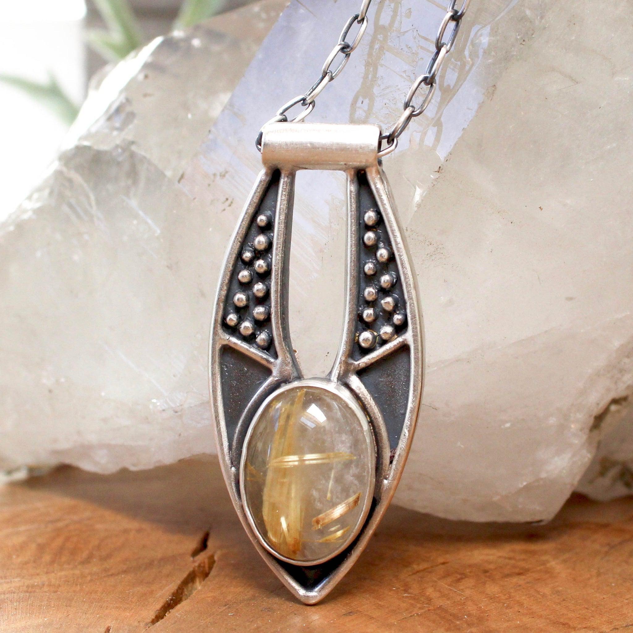 Elegant Ara Pendant with Rutilated Quartz - Handmade Boho Jewelry for Women - Perfect for Everyday Wear & Special Occasions