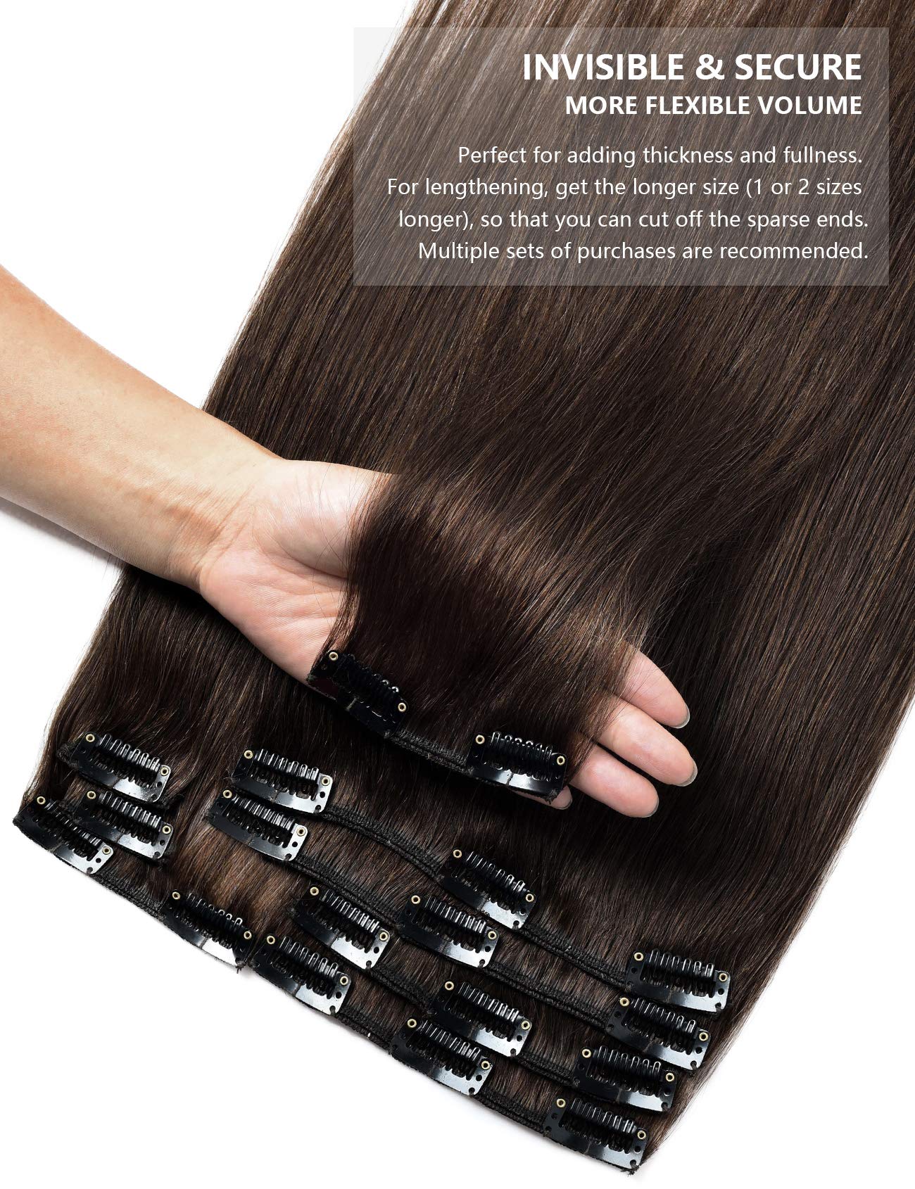 Rose Bud Clip-in Hair Extensions 8Pcs - 100% Remy Human Hair with 18 Clips (14 Inch, Medium Brown, 65g/Set) for Volume & Length - Perfect for Parties, Weddings & Daily Styling