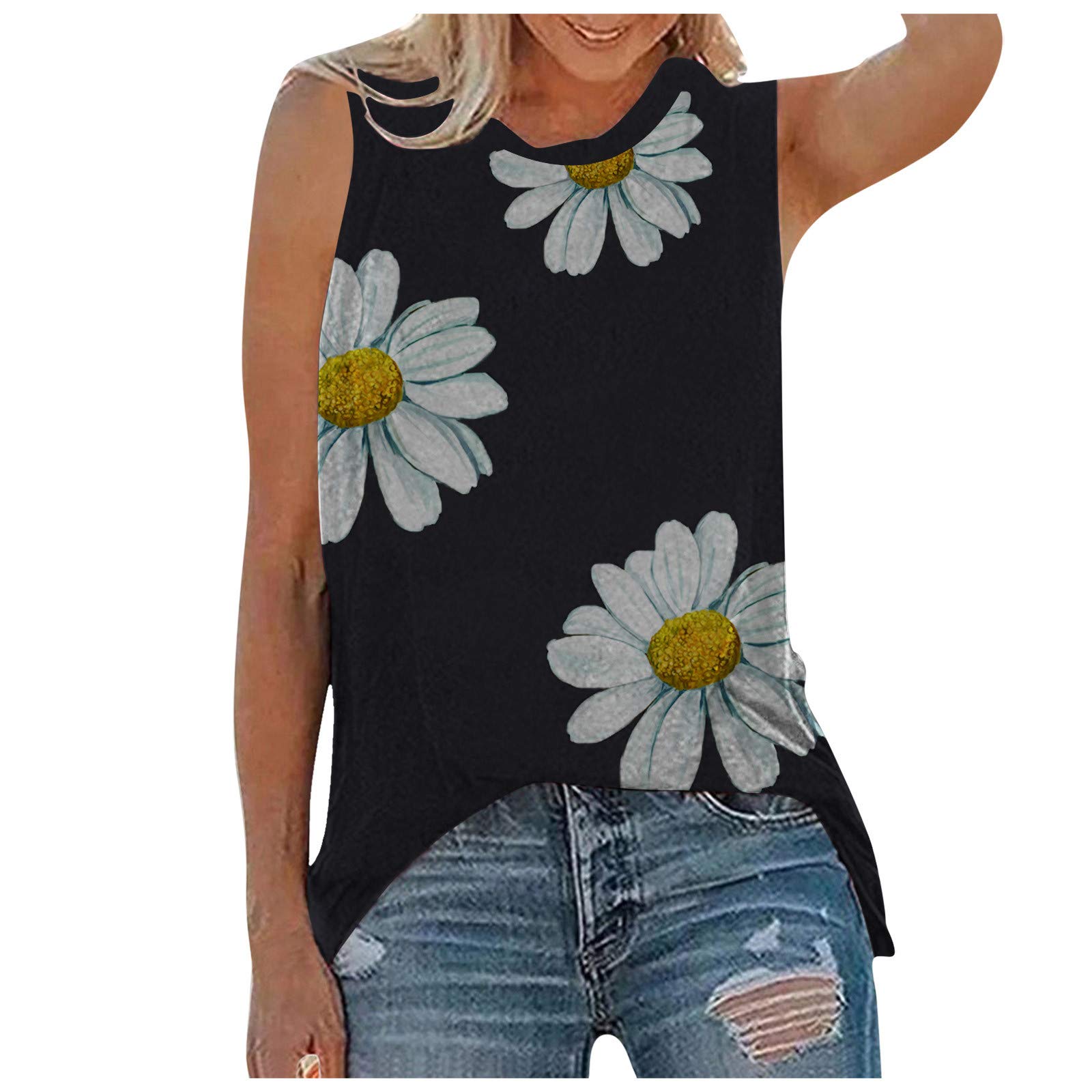 Women's Loose Tank Tops - Sunflower Printed Sleeveless Blouse, Casual O-Neck Tee for Summer | Perfect for Beach, Vacation & Everyday Wear