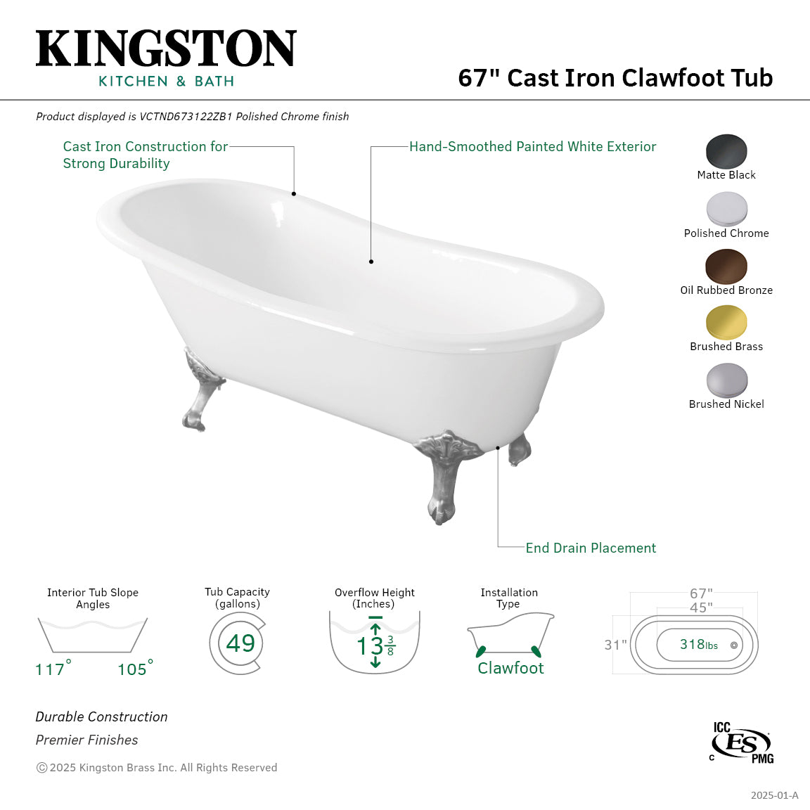 67 Inch White Cast Iron Clawfoot Bathtub - Oval Single Slipper Tub with Brushed Nickel Feet | Vintage Freestanding Soaking Tub for Bathroom Remodel & Spa Relaxation