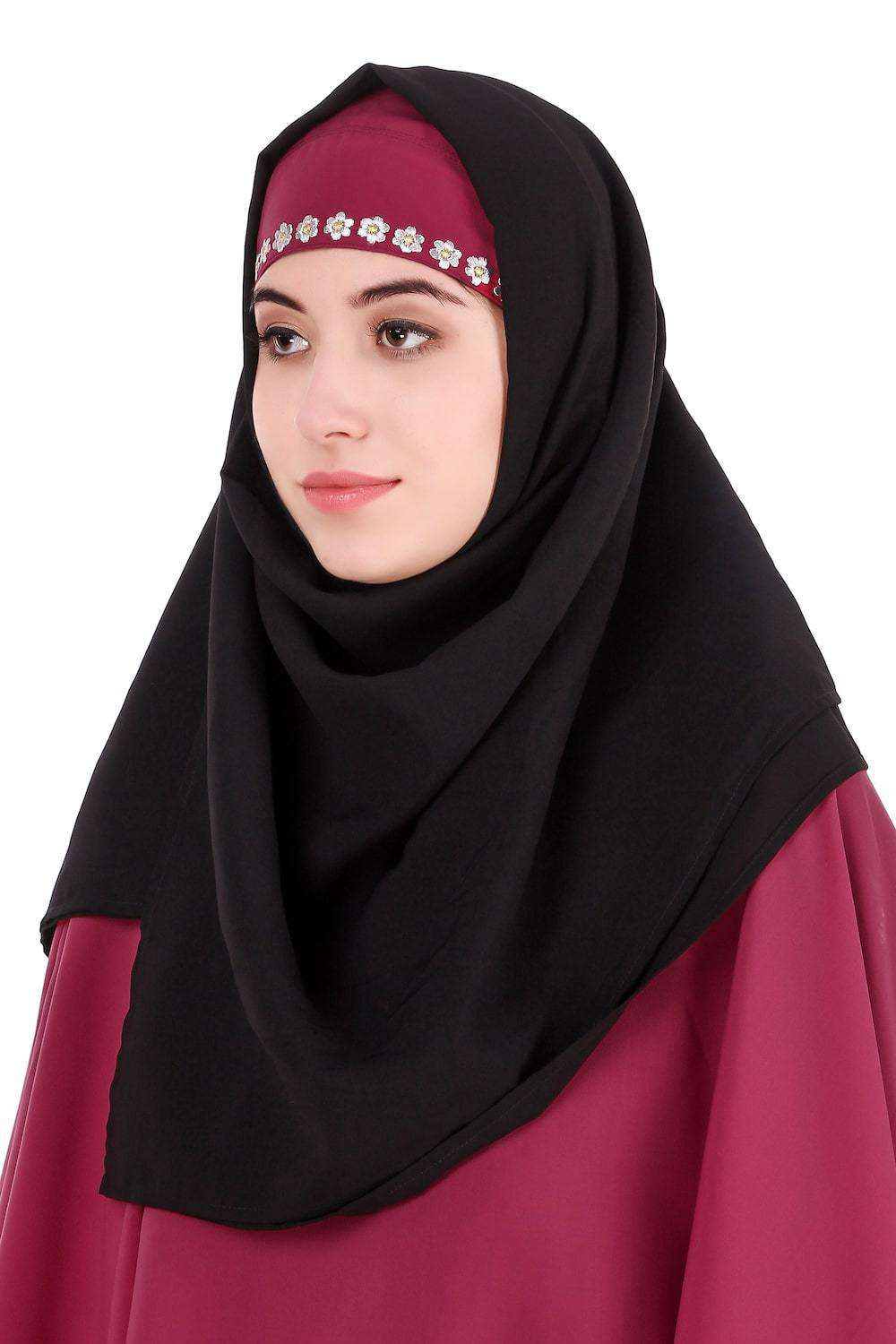 Elegant Black & Rose Pink Semi Circular Cape Abaya for Women - Modest Islamic Prayer Dress, Perfect for Mosque, Eid, and Special Occasions