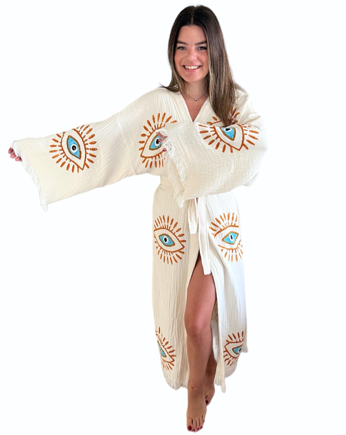 Handmade Evil Eye Kimono for Women - Bohemian Beach Cover Up, Festival Robe & Cotton Cardigan - Lightweight Dressing Gown for Summer, Yoga, Poolside & Vacation Wear