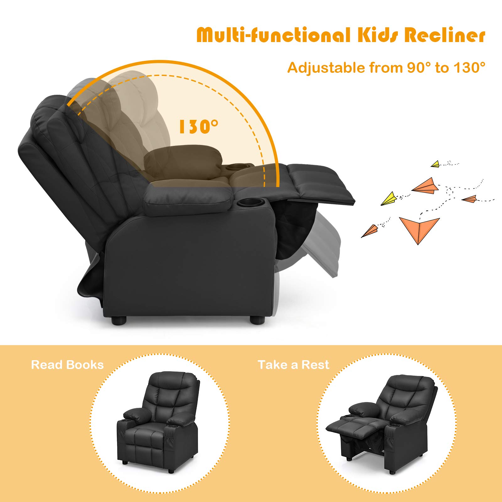MAT EXPERT Kids Recliner - Adjustable Leather Gaming & Reading Chair for Boys & Girls with 2 Cup Holders, 3 Side Pockets & Footrest - Toddler Lounge Chair for Playroom, Nursery or Kids Bedroom (Black) - Perfect for Relaxing, Gaming, Reading & Watching TV
