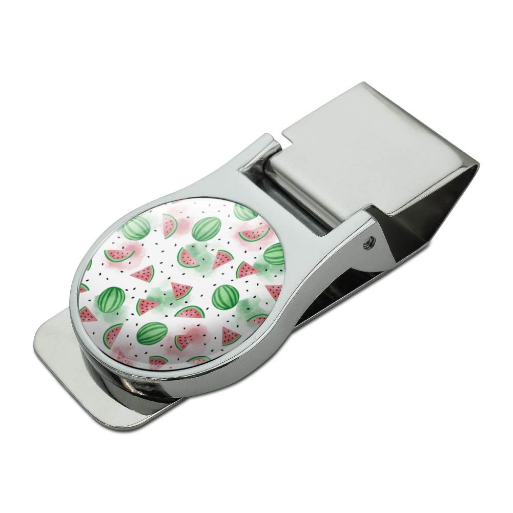 Watercolor Watermelons Pattern Satin Chrome Plated Metal Money Clip - Elegant Bill Holder for Cash, Credit Cards & Gift Cards | Perfect for Weddings, Graduations & Business Gifts