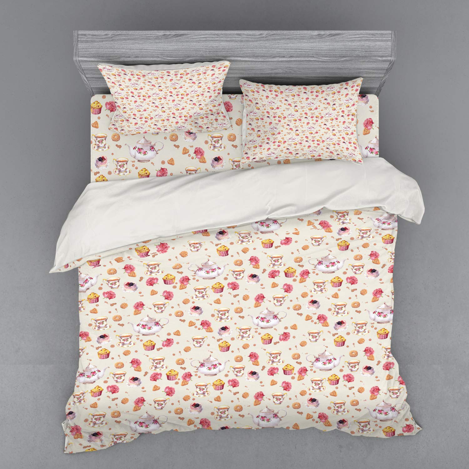 Ambesonne Vintage Bedding Set - 4 Piece Duvet Cover with Shams & Fitted Sheet, King Size, Dark Coral & Pale Pink - Retro Tea Cups & Teapots Design - Perfect for Master Bedroom, Guest Room & Cozy Farmhouse Decor