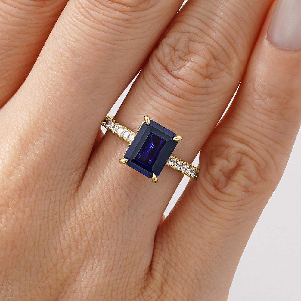Exquisite Emerald Cut Blue Sapphire & White Sapphire Ring – Elegant Jewelry for Women, Perfect for Engagement, Wedding & Special Occasions