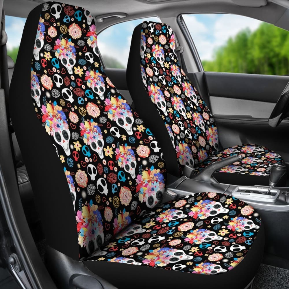 2 Pcs Sugar Skull Car Seat Covers - Universal Fit for Cars, Trucks & SUVs - Durable & Stylish Protection - Perfect for Day of the Dead Decor or Gothic Style Lovers