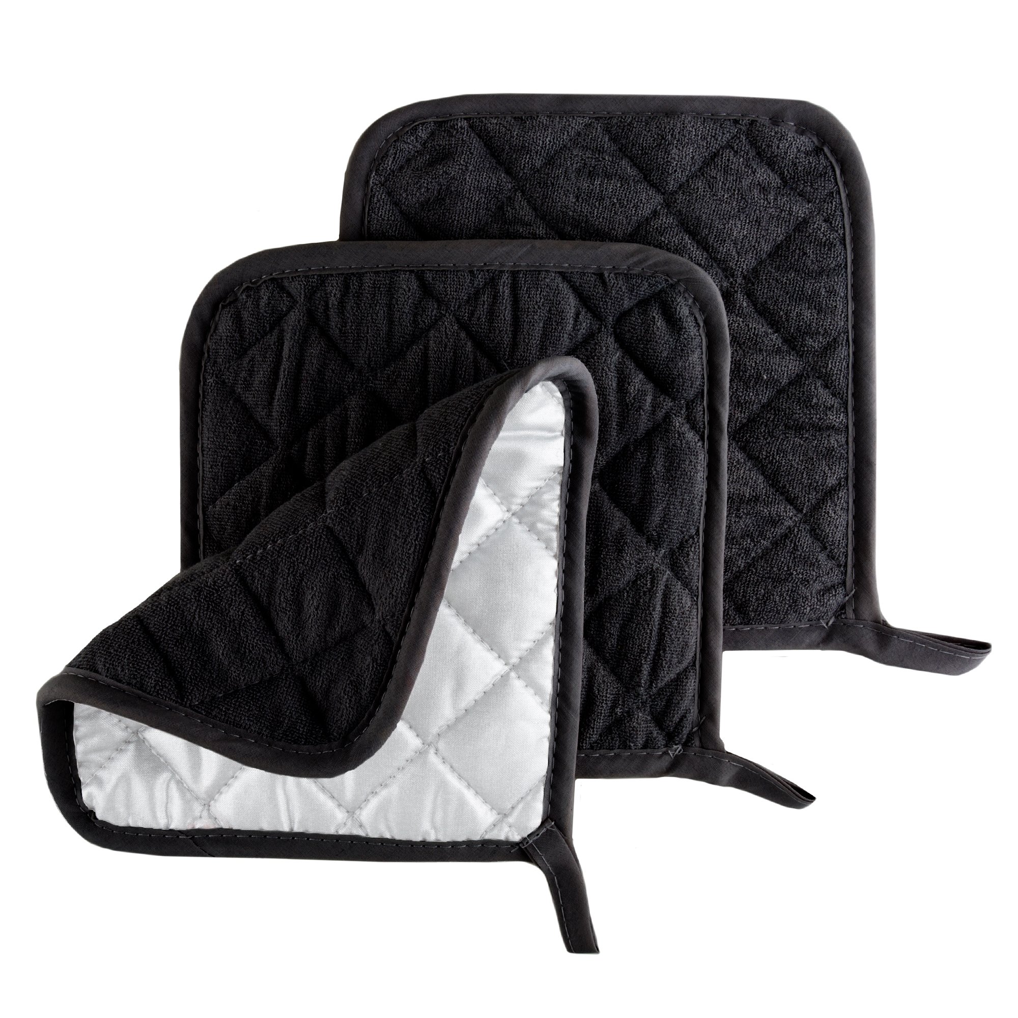 Lavish Home 3-Piece Heat Resistant Quilted Cotton Pot Holder Set - Black | Oven Mitts for Cooking, Baking & Kitchen Safety | Perfect for Hot Pans, Pots & Dishes