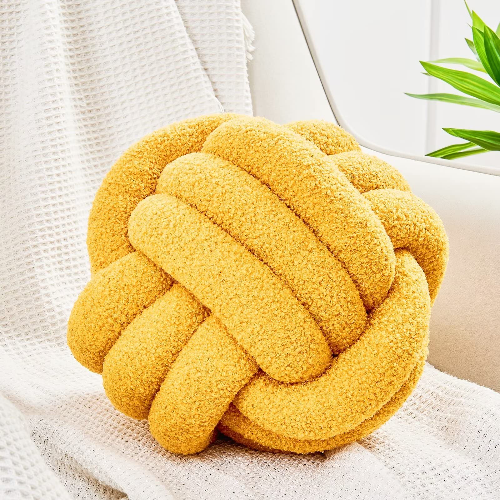 UVVYUI Handmade Knotted Plush Pillow - 11 Inch Round Boucle Throw Cushion for Sofa & Bed, Soft Home Decor Pillow in Dark Yellow | Perfect for Living Room, Nursery & Cozy Reading Nook