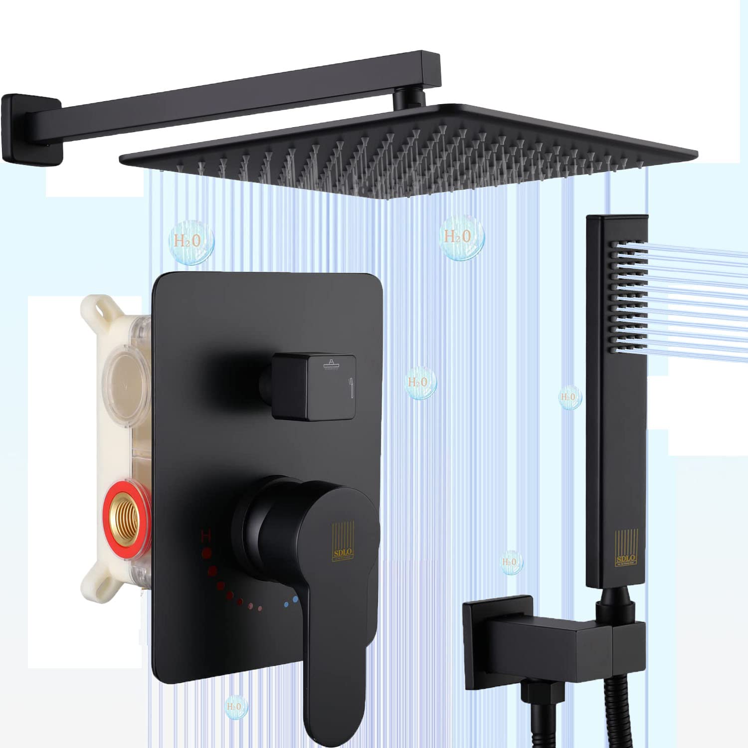 Premium 12 Inch Black Brass Rainfall Shower System - Wall Mount Shower Combo Set with Mixer Valve & Rough-in Trim | Modern Bathroom Upgrade for Spa-Like Experience