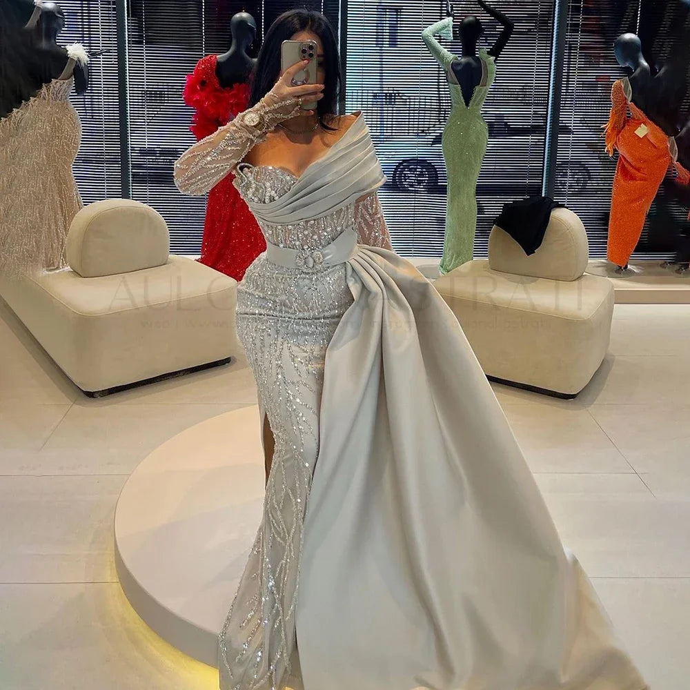 Elegant Arabic Pearl Beaded One Shoulder Evening Dress for Women - Luxury Dubai Wedding & Party Gown 2025 (LA72486) | Perfect for Red Carpet Events, Bridal Showers & Formal Occasions