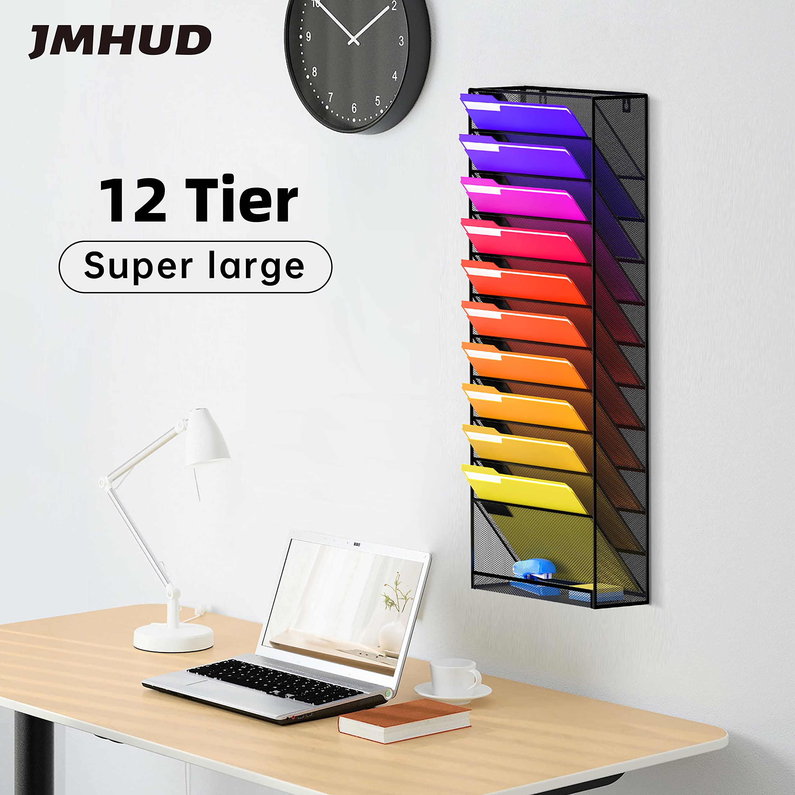 12-Tier Wall File Organizer - Mesh Metal Hanging File Folder Holder for Office & Home - No Assembly Magazine/Document Paper Rack - Space-Saving Black Wall Mount Organizer - Perfect for Desk Organization, Mail Sorting & Home Office Storage