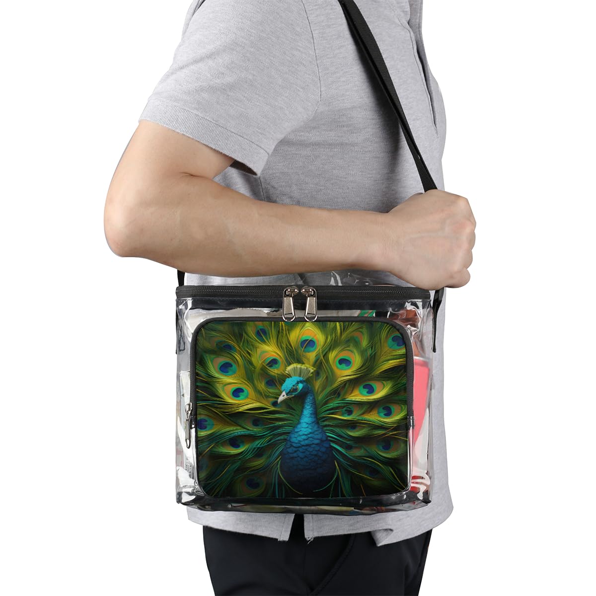 GzLeyigou Peacock Feather Design Clear Tote Bag with Handles - Transparent Crossbody Shoulder Bag for Lunch, Outdoor, Travel, Picnic, Concerts & Sports Events - Stadium Approved Multi-Purpose Carryall for Women's Fashion Accessories