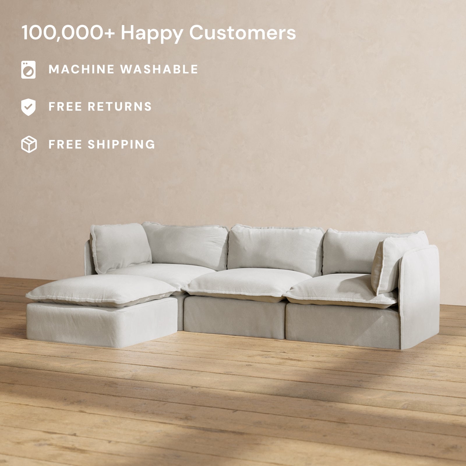 Modular Performance 3-Seater Sectional Sofa in Cloud Color | Modern L-Shaped Couch with Reversible Chaise | Perfect for Living Room, Family Room & Small Spaces