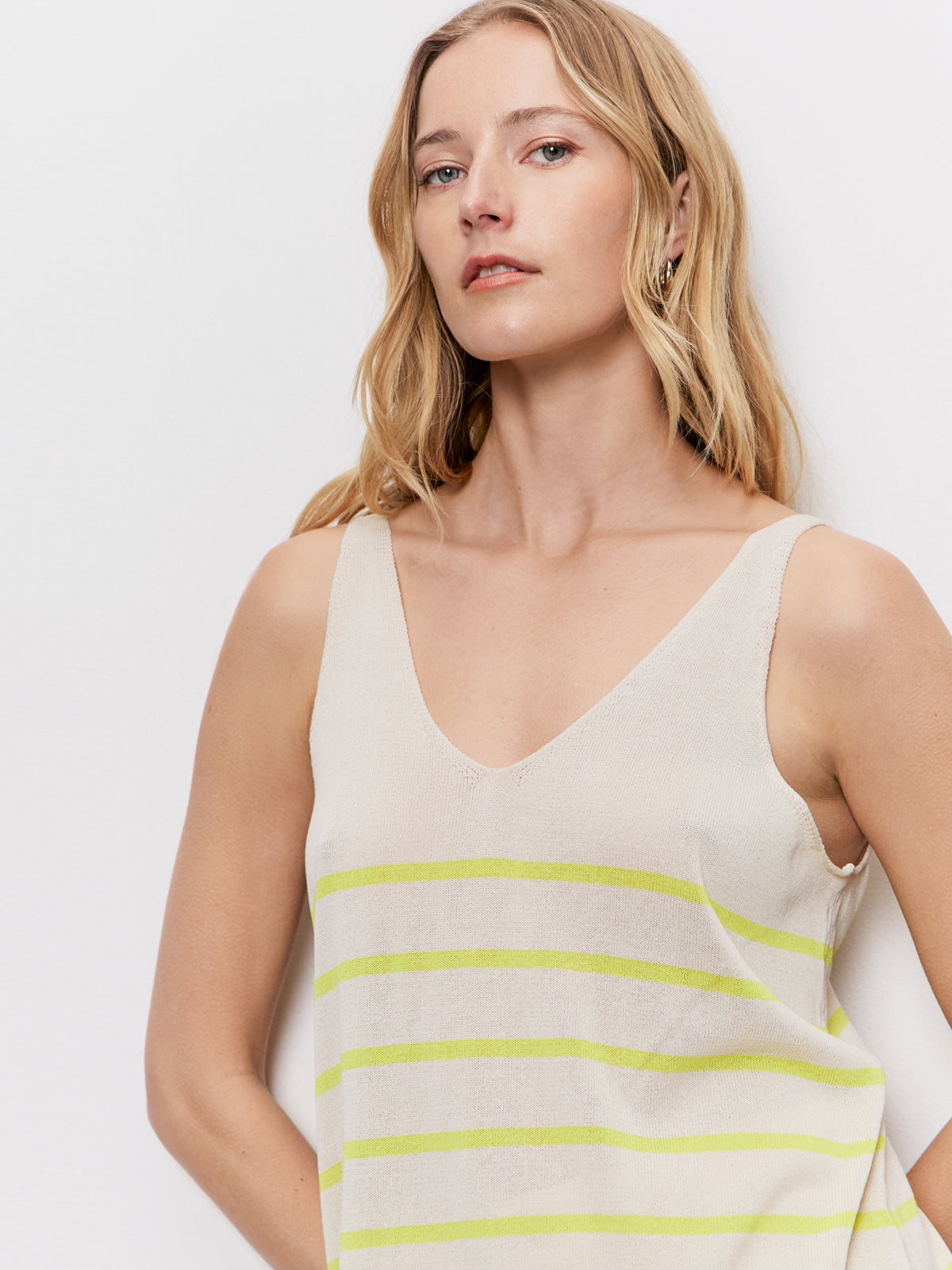Women's V-Neck Knit Tank Top - Soft Muslin Fabric, Desert Lime Stripe Design - Perfect for Summer, Beach, and Casual Outfits