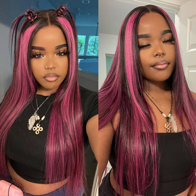 Eullair Red Blue Green Balayage Highlight Straight Lace Frontal Wig for Women - Peekaboo Highlights Human Hair Wig for Daily Wear & Cosplay