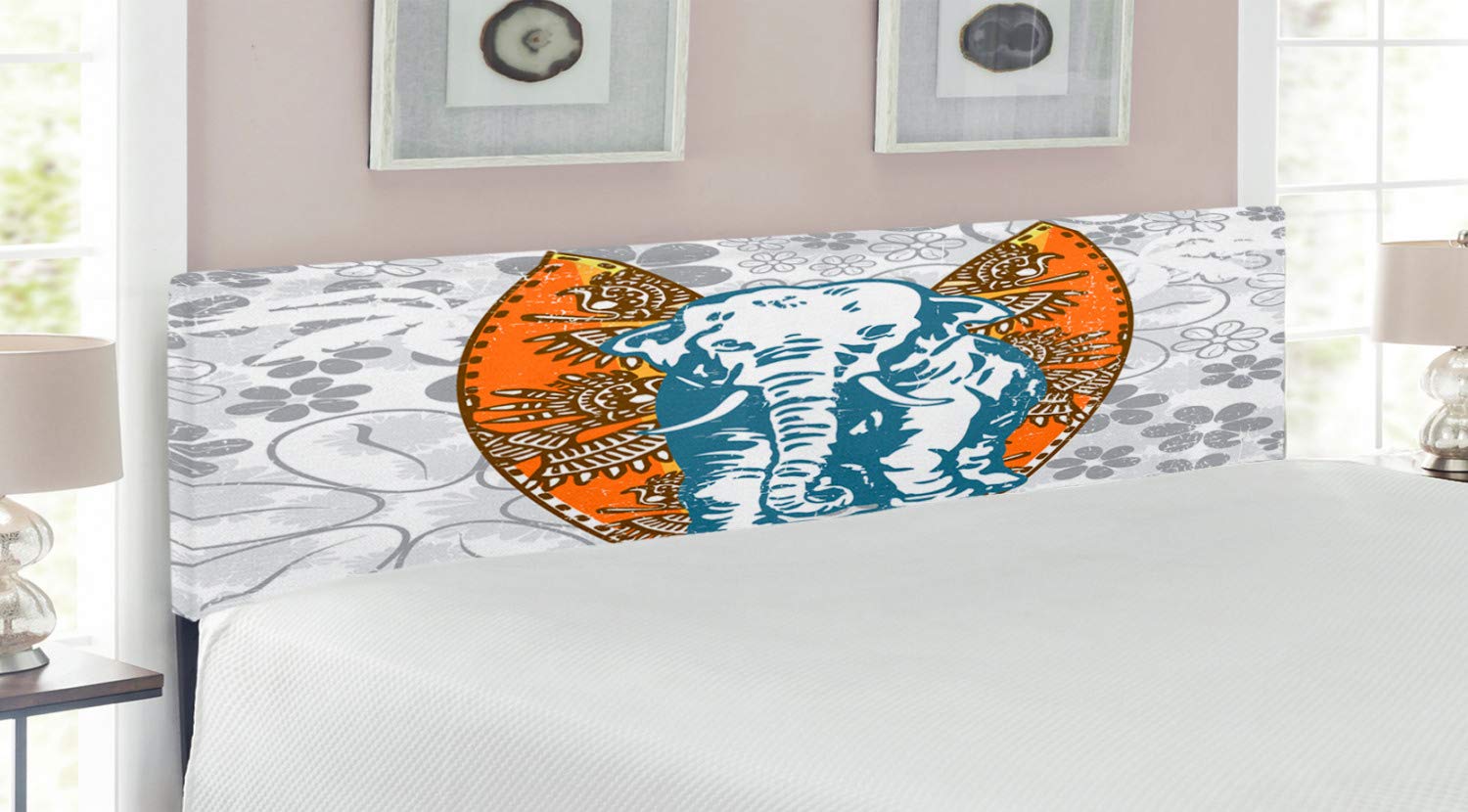 Ambesonne King Size Upholstered Metal Bed Headboard with Memory Foam - Elephant & Surfboard Floral Design in Slate Blue Pale Grey | Perfect for Beach-Themed Bedrooms, Boho Decor & Guest Room Makeovers