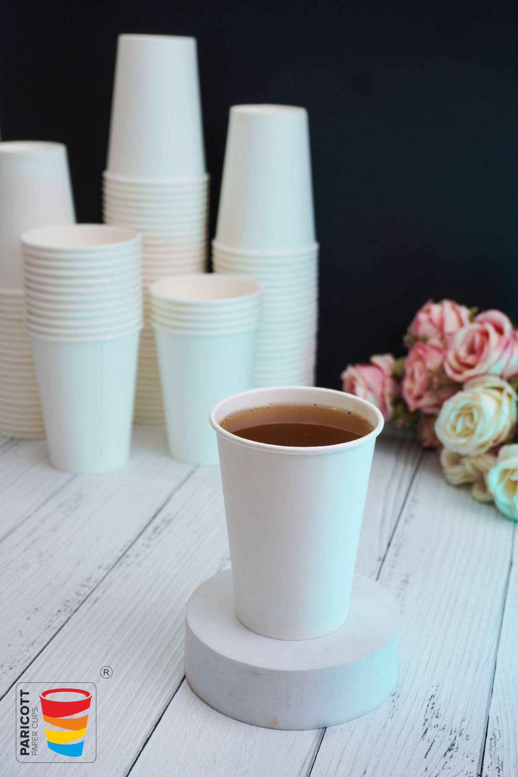 PARICOTT 250ml Disposable Plain Glass Drinking Cups - 100pcs Bulk for Cocktail, Wine, Tea, Coffee, Juice & Water | Eco-Friendly Party Cups for Weddings, BBQs, Picnics & Office Events | Unprinted Paper Cups Without Lid