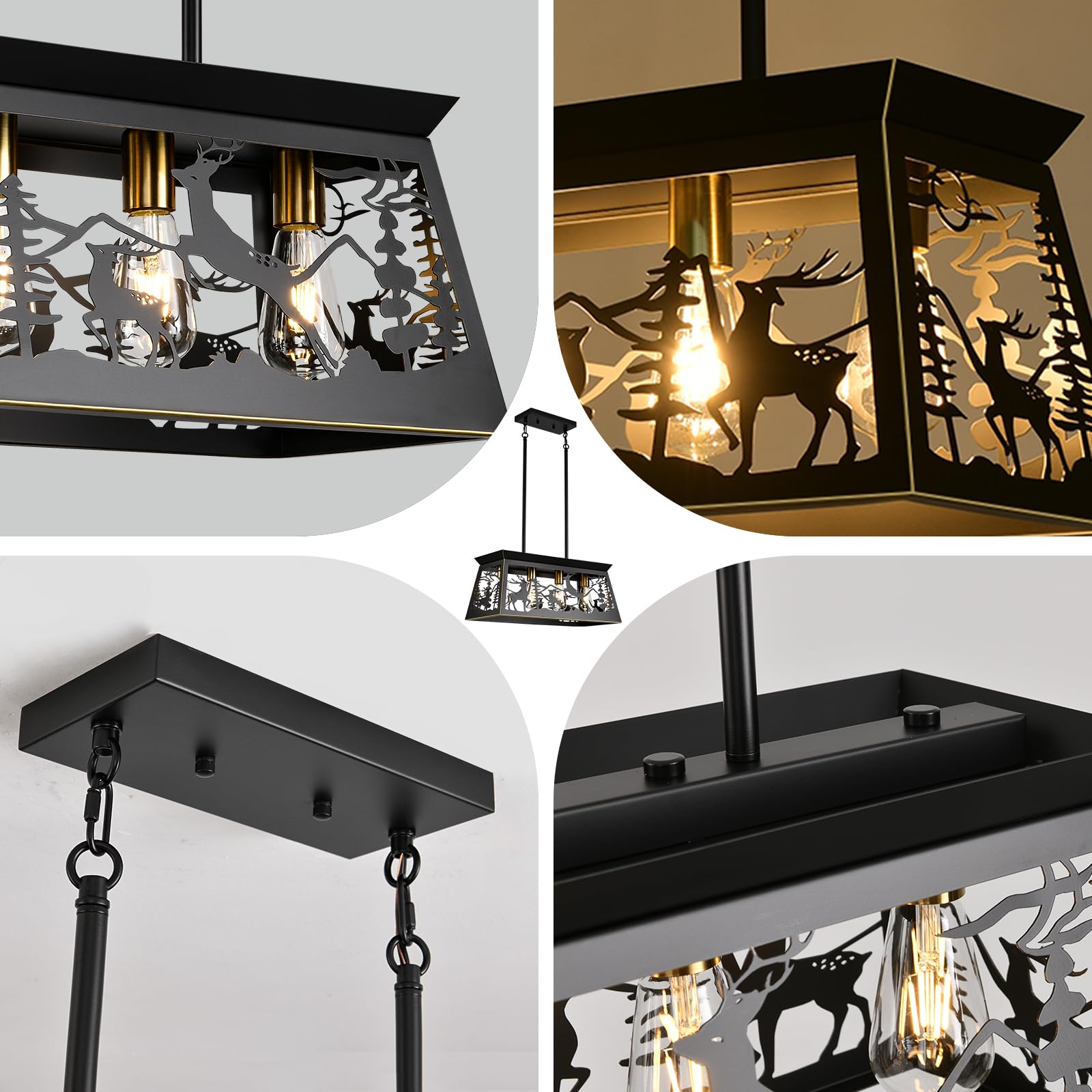 Rustic Black Rectangle Farmhouse Chandelier - 24-Inch 4-Light Deer Design Pendant Lighting for Dining Room, Kitchen Island & Table - Perfect for Country Homes, Cabin Decor & Farmhouse Style Interiors
