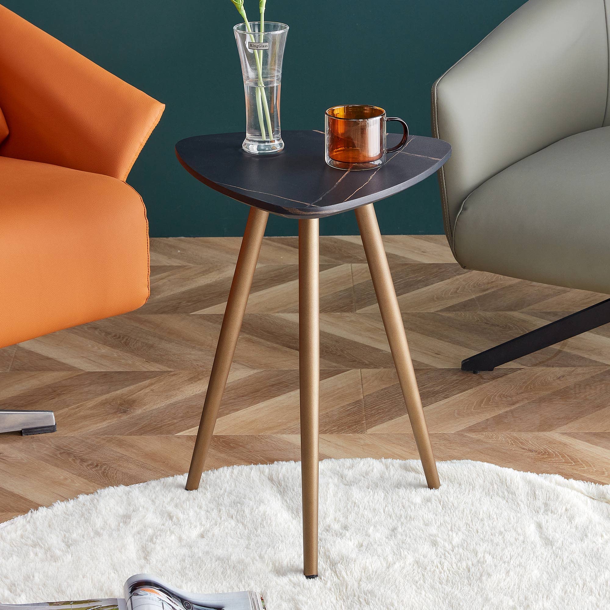 Modern Triangle Faux Marble End Table - Minimalist Side Table for Living Room, Bedroom & Office - Sturdy Sofa Table for Laptop, Coffee & Snacks - Black Retro Accent Table for Small Spaces